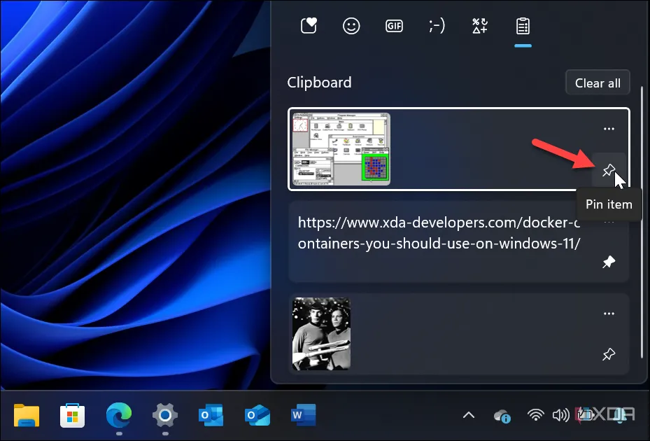Ảnh chụp màn hình Windows 11 hiển thị lịch sử Clipboard và tùy chọn ghim mục để lưu vĩnh viễn, giúp đồng bộ dữ liệu hiệu quả.