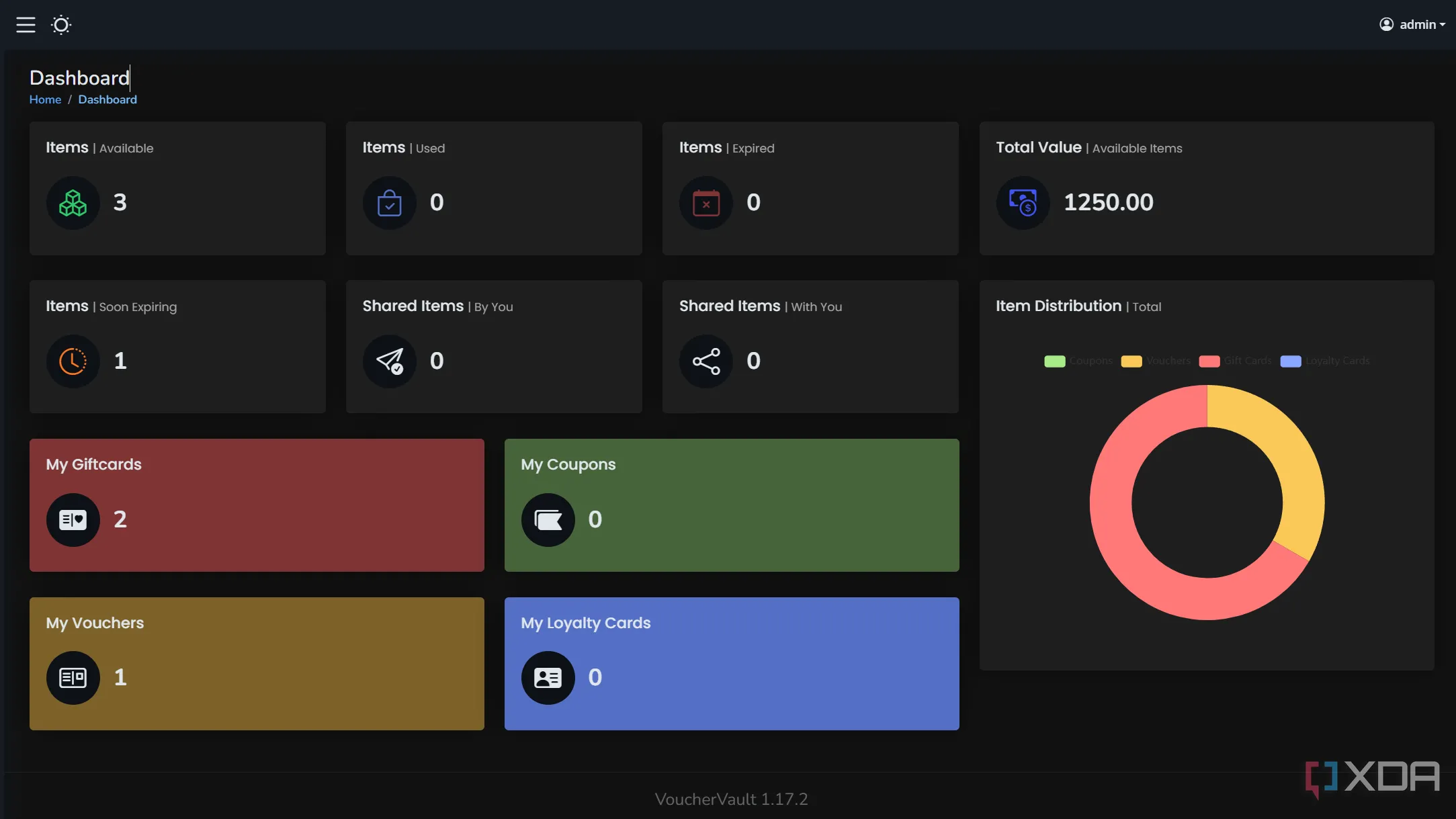 Bảng điều khiển (dashboard) của VoucherVault, hiển thị các phiếu giảm giá và thẻ quà tặng sắp hết hạn