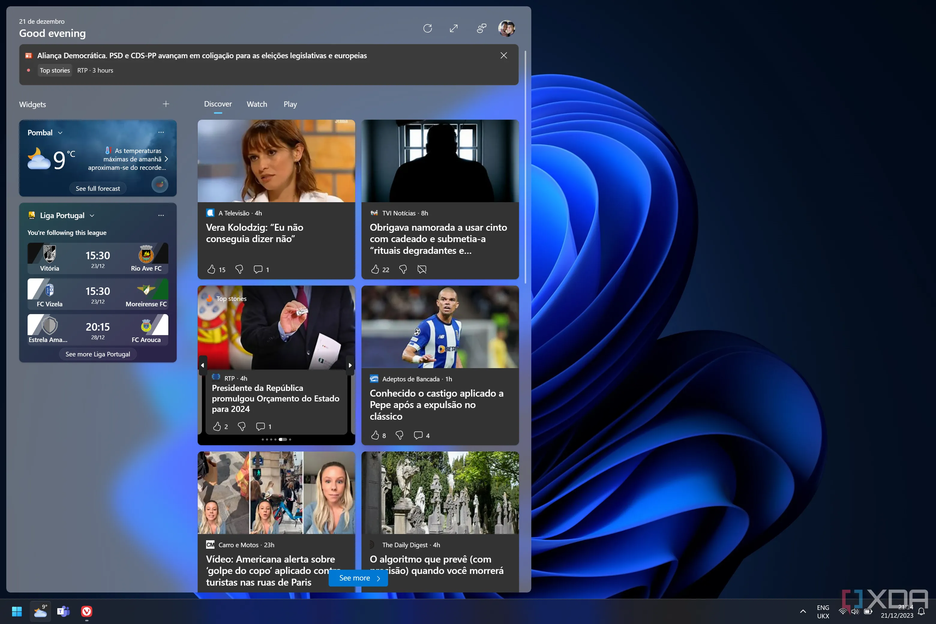 Bảng tiện ích (Widgets panel) của Windows 11 hiển thị các tin tức và thông tin tổng hợp.