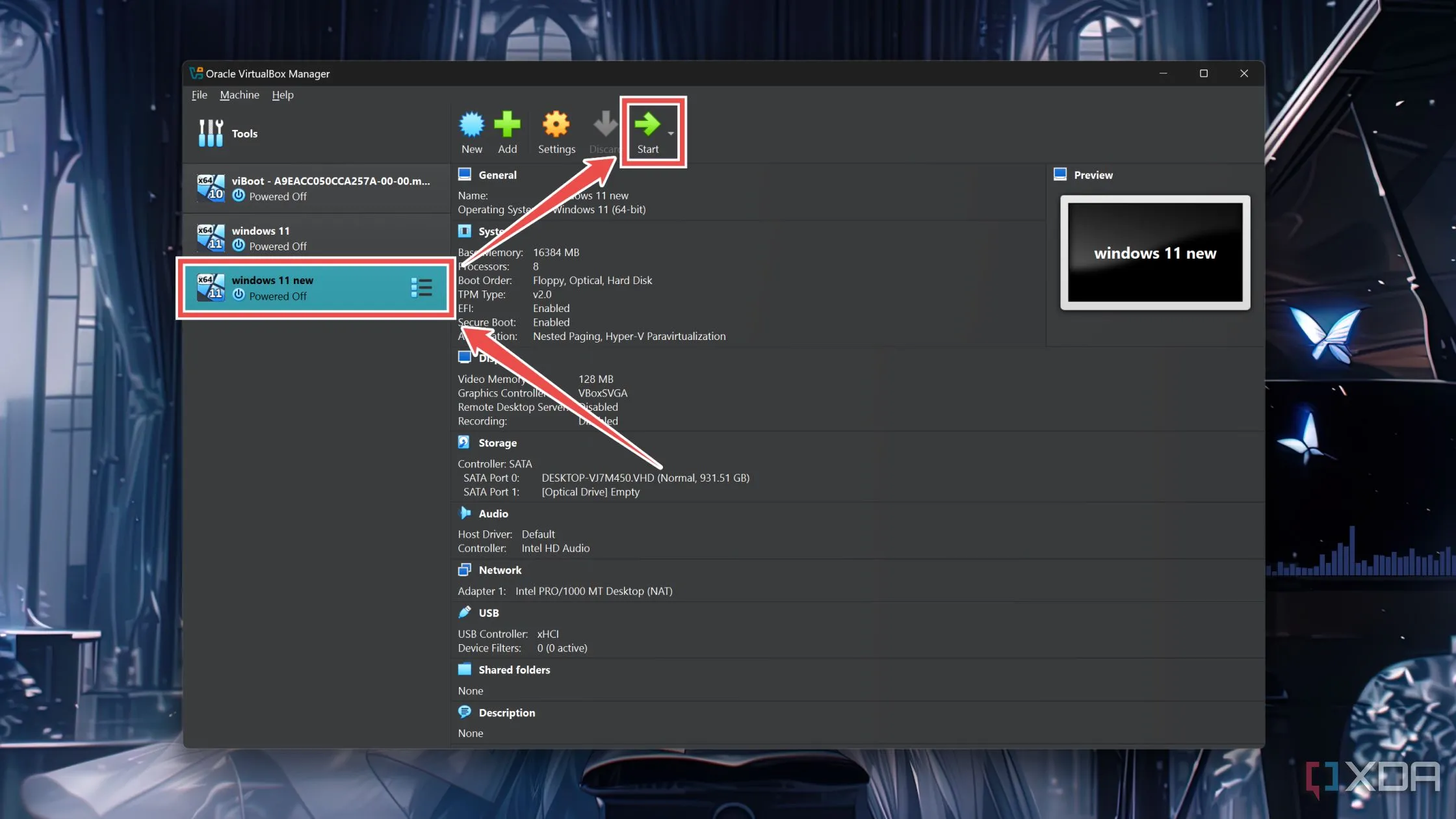 Bắt đầu máy ảo Windows 11 vừa được tạo trong VirtualBox bằng cách chọn máy ảo và nhấn nút &quot;Start&quot; (Khởi động).