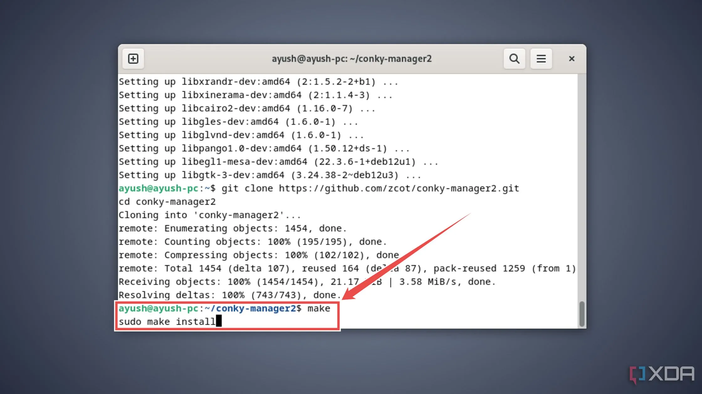 Biên dịch Conky Manager bằng lệnh make và sudo make install