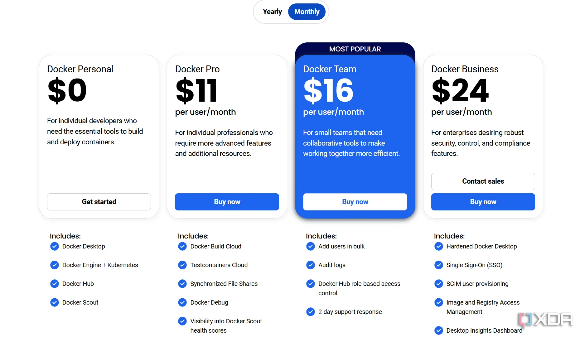 Các gói dịch vụ và mức giá của Docker, minh họa không cần chi phí khởi tạo