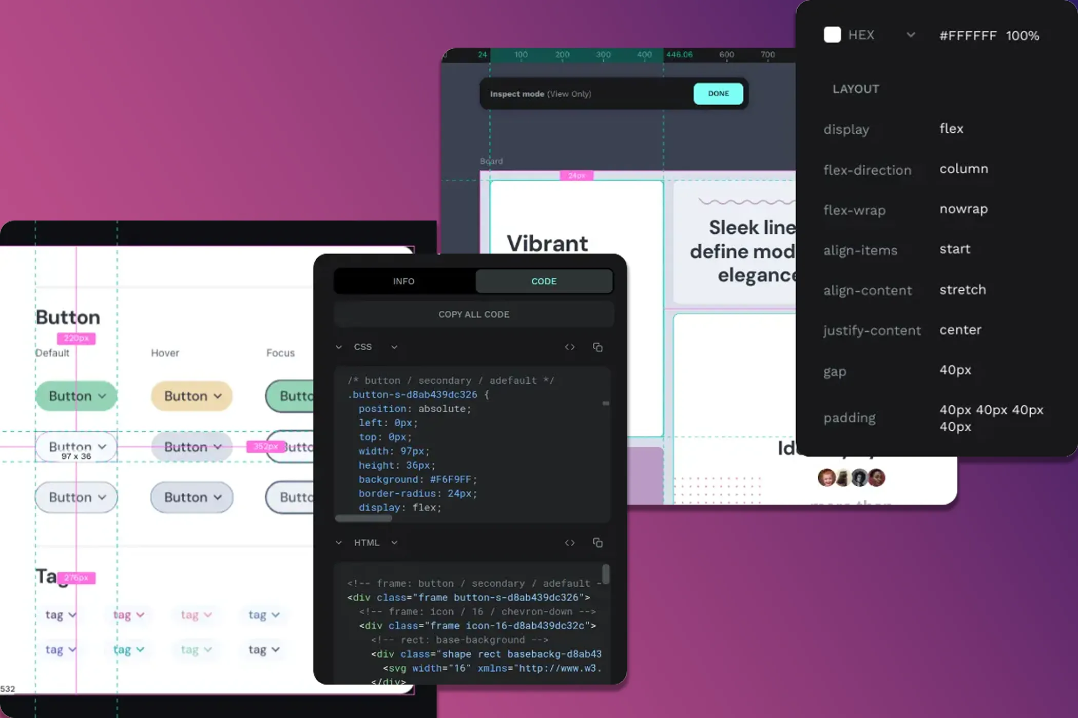 Các thiết kế Penpot với mã HTML và CSS tự động đính kèm