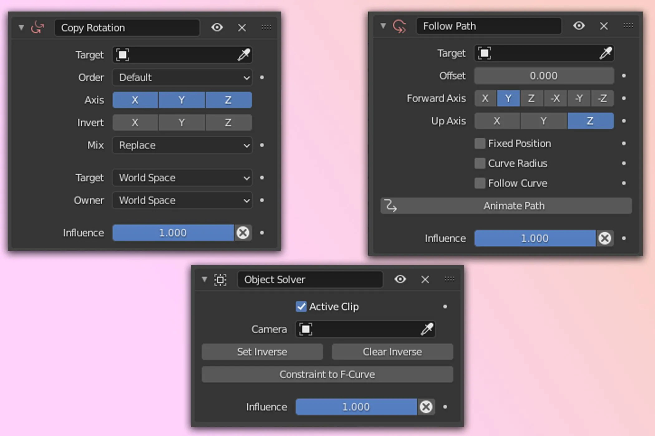 Các ví dụ về ràng buộc đối tượng (constraints) trong giao diện Blender