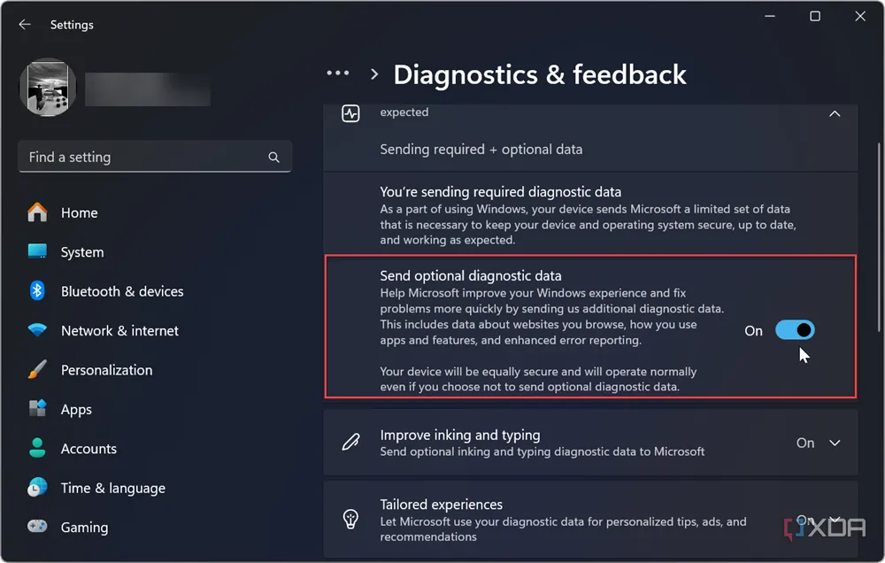 Cài đặt Dữ liệu chẩn đoán và phản hồi trong Windows 11