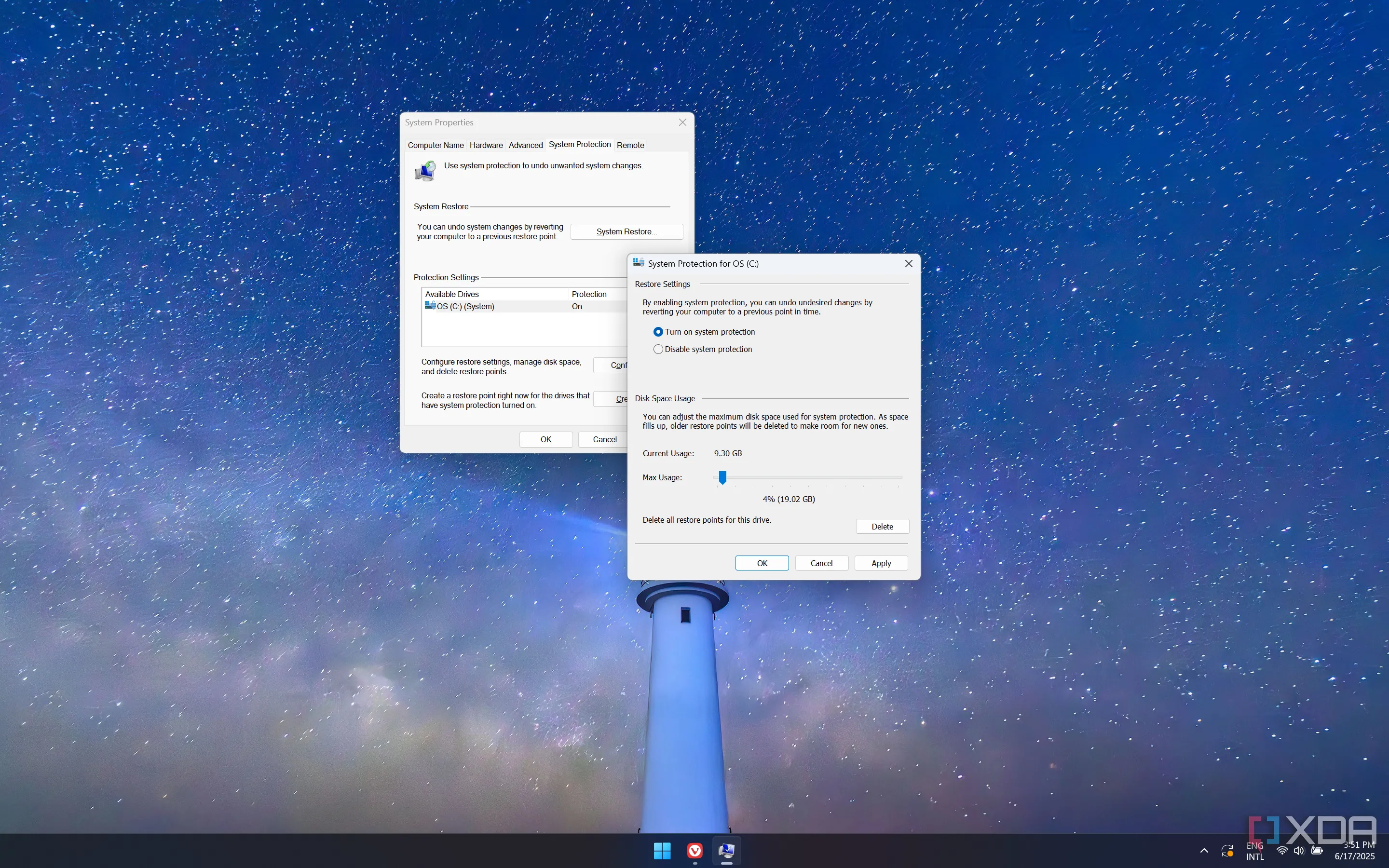 Cài đặt System Restore trên Windows 11, hiển thị tùy chọn cấu hình không gian ổ đĩa và bật/tắt tính năng.