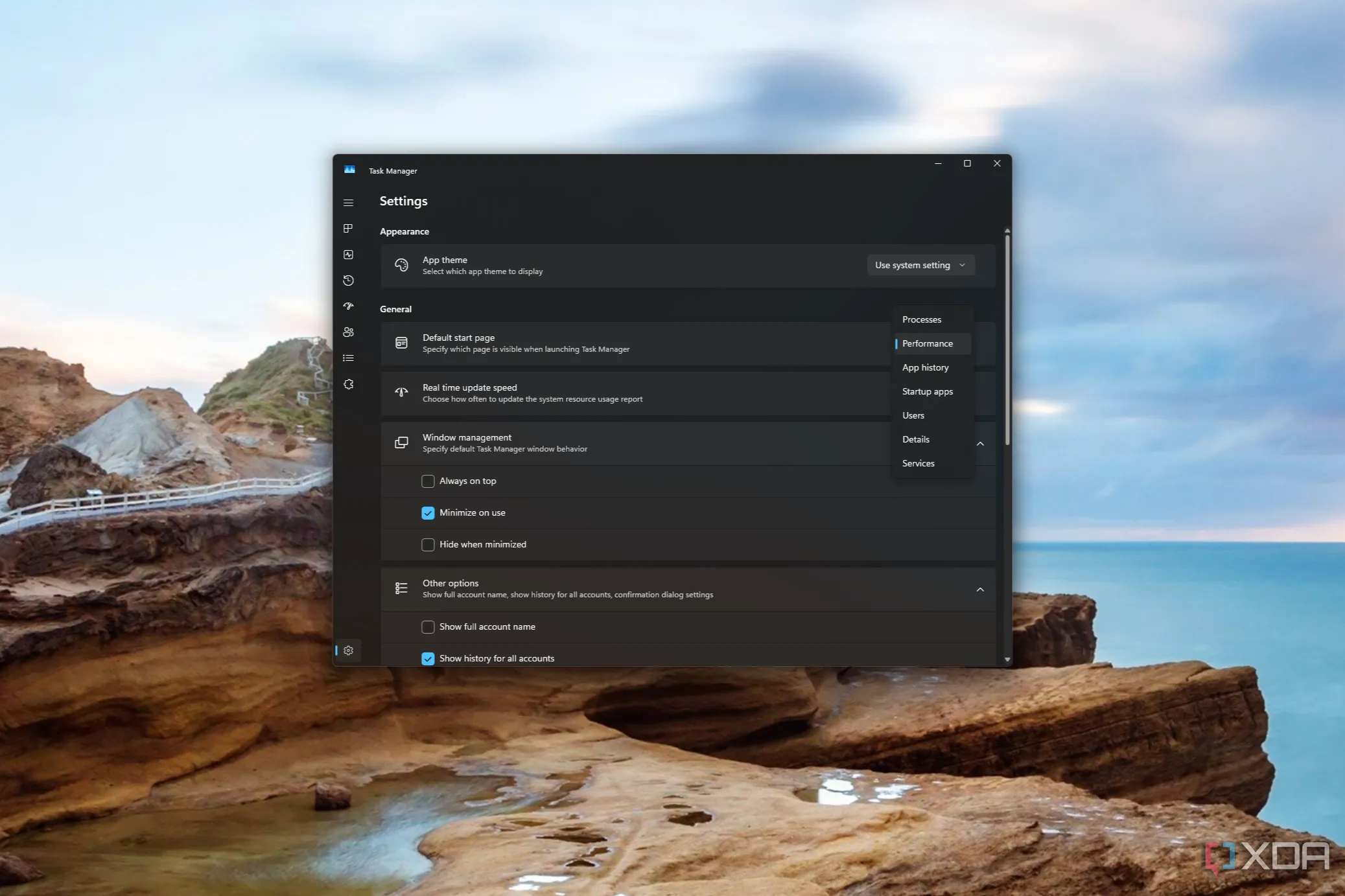 Cài đặt Task Manager trên Windows 11 với tùy chọn thay đổi tab mặc định khi khởi động.