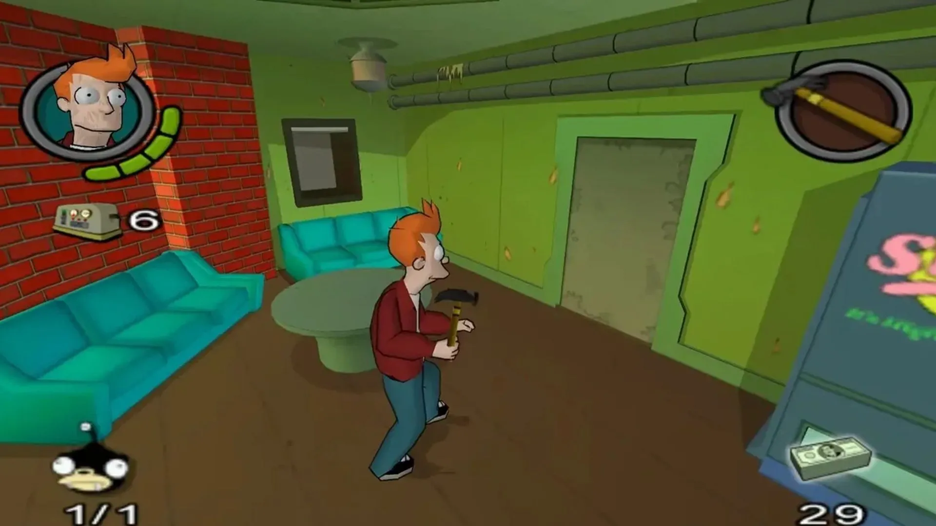 Cảnh gameplay của game Futurama trên Xbox, với các nhân vật Fry và Bender trong bối cảnh tương lai