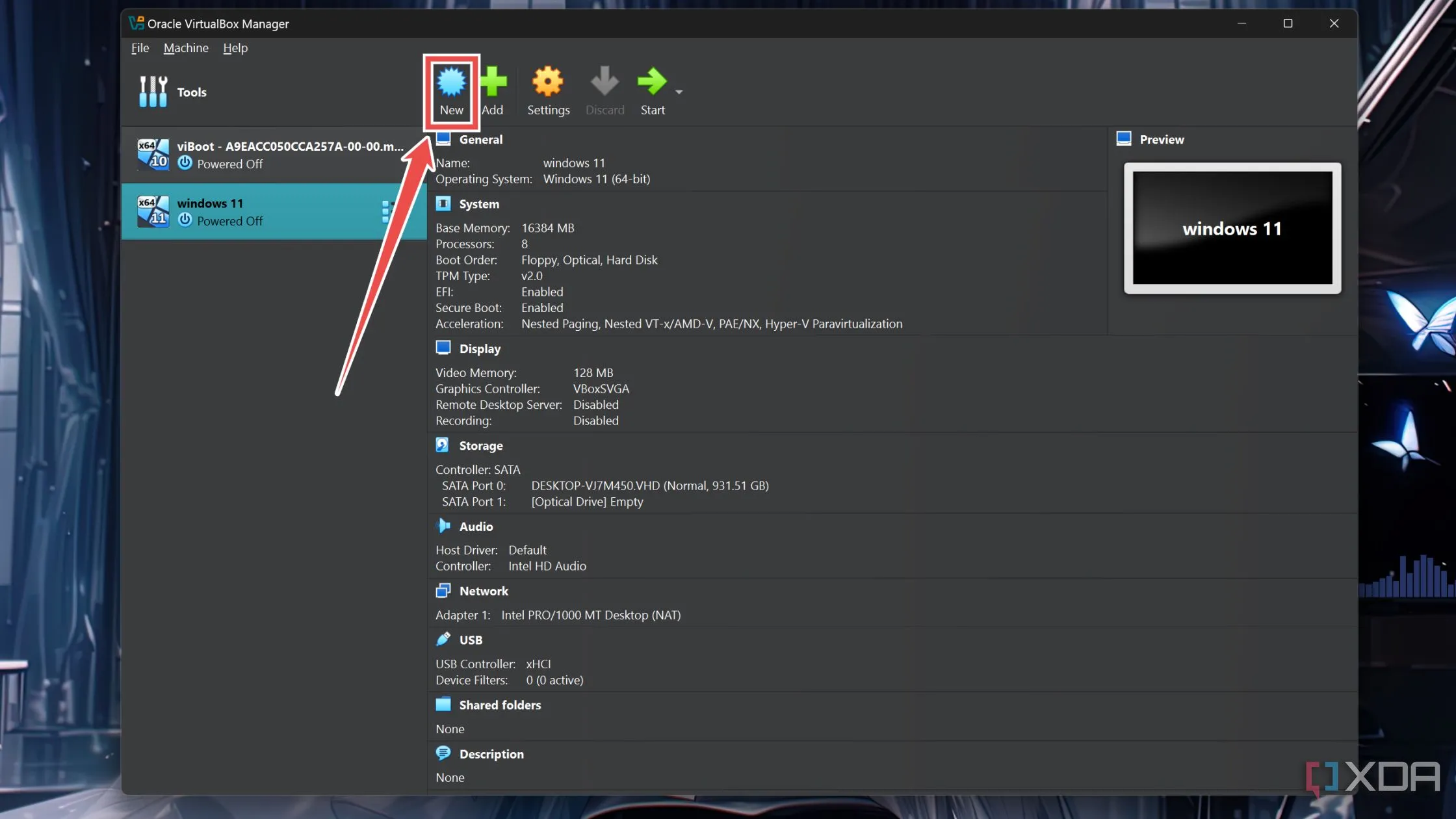 Cửa sổ chính của VirtualBox với nút &quot;New&quot; (Tạo mới) được đánh dấu, chuẩn bị tạo máy ảo Windows 11.