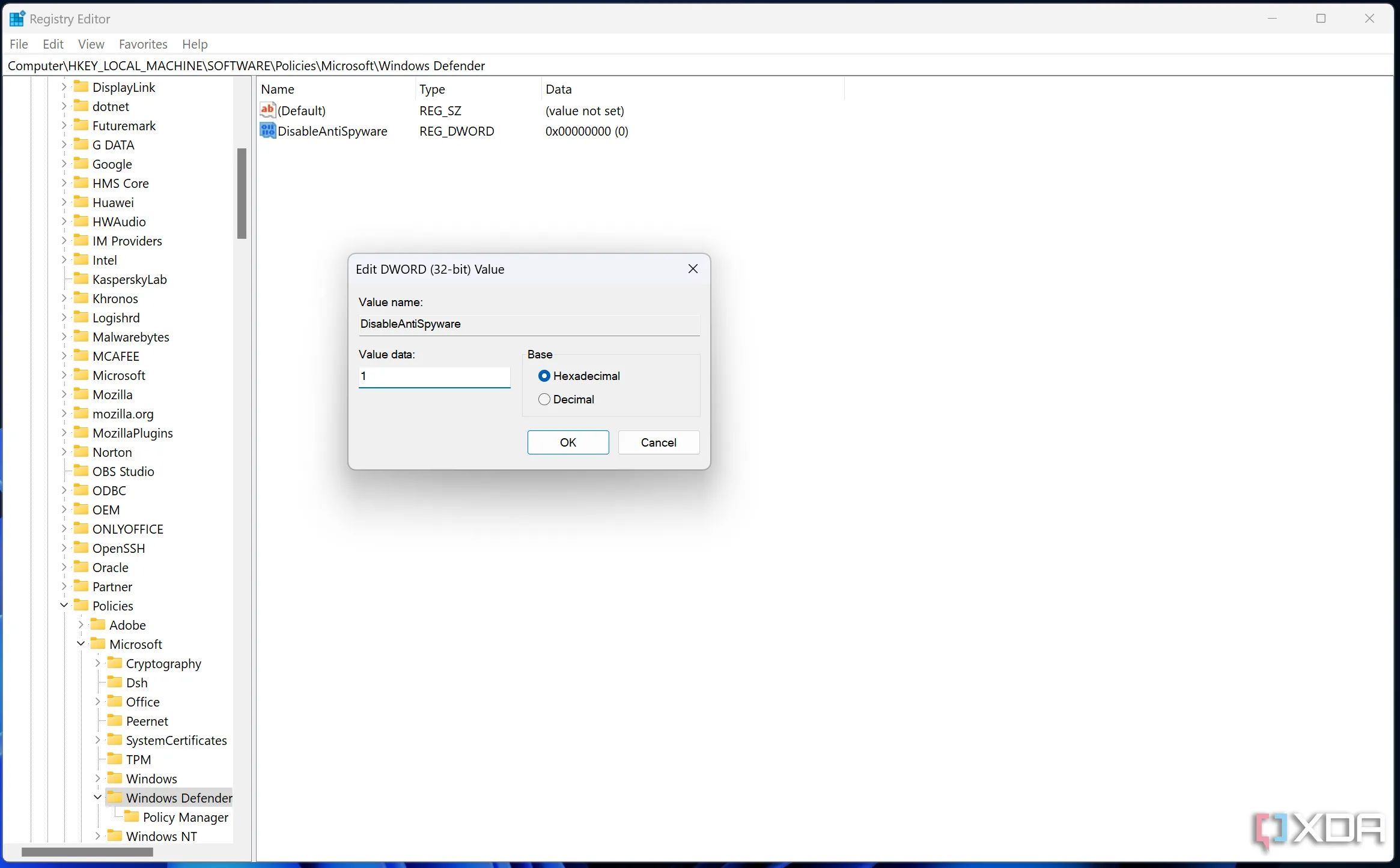 Cửa sổ chỉnh sửa giá trị Registry, đặt tên là DisableAntiSpyware với dữ liệu giá trị là 1.