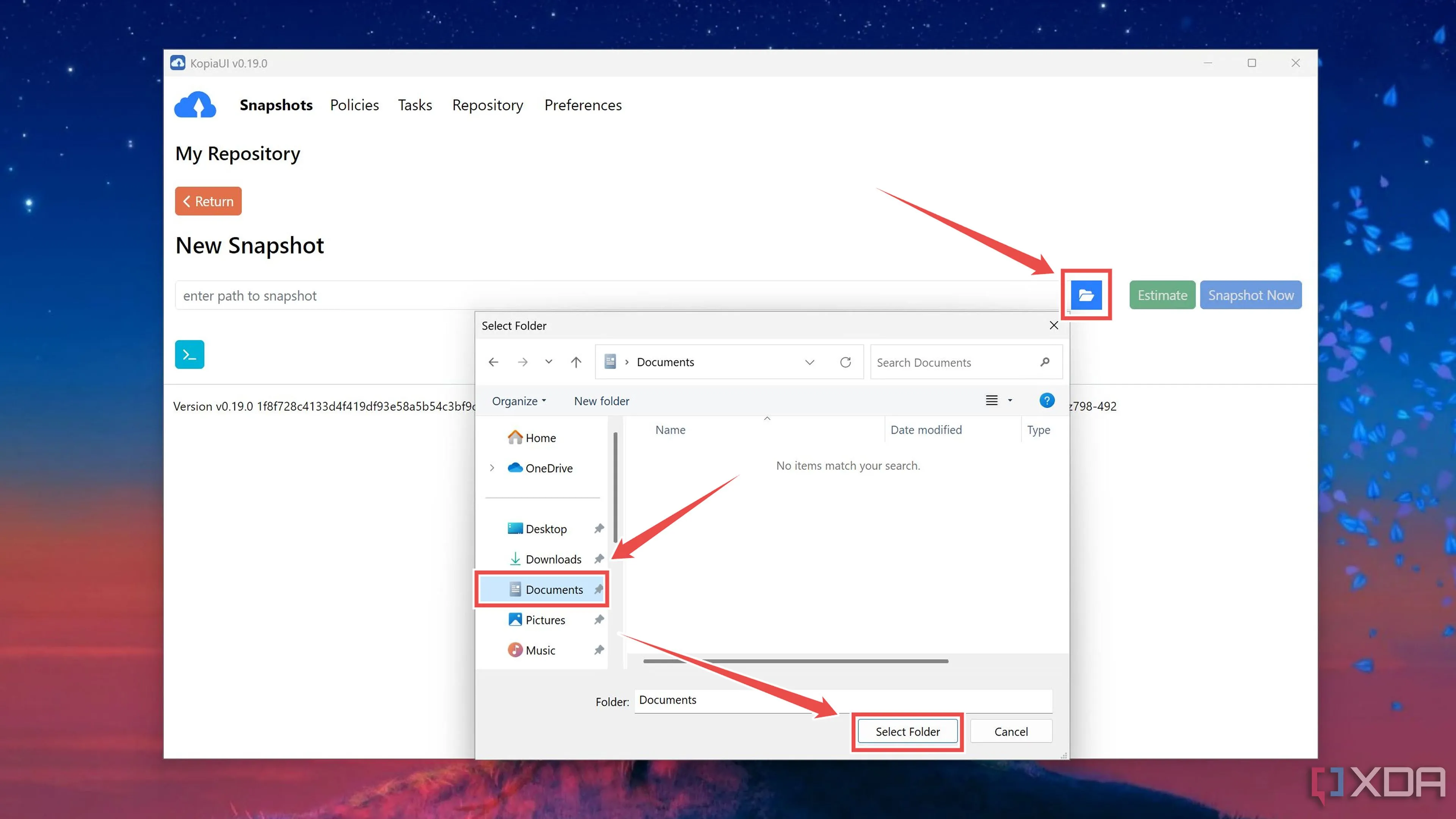 Cửa sổ File Explorer chọn thư mục nguồn để tạo snapshot trong Kopia