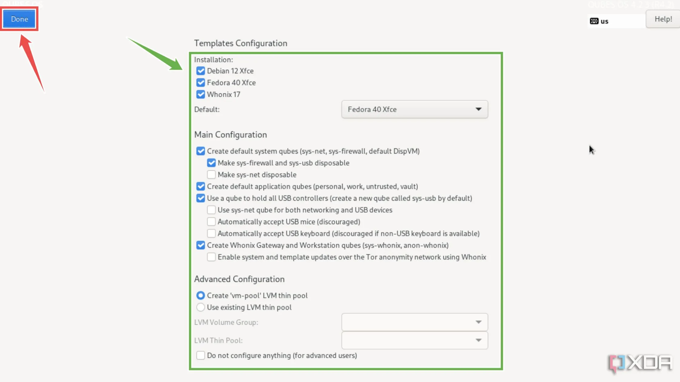 Điều chỉnh các tùy chọn cấu hình Qubes OS như templates, thin pool sau cài đặt