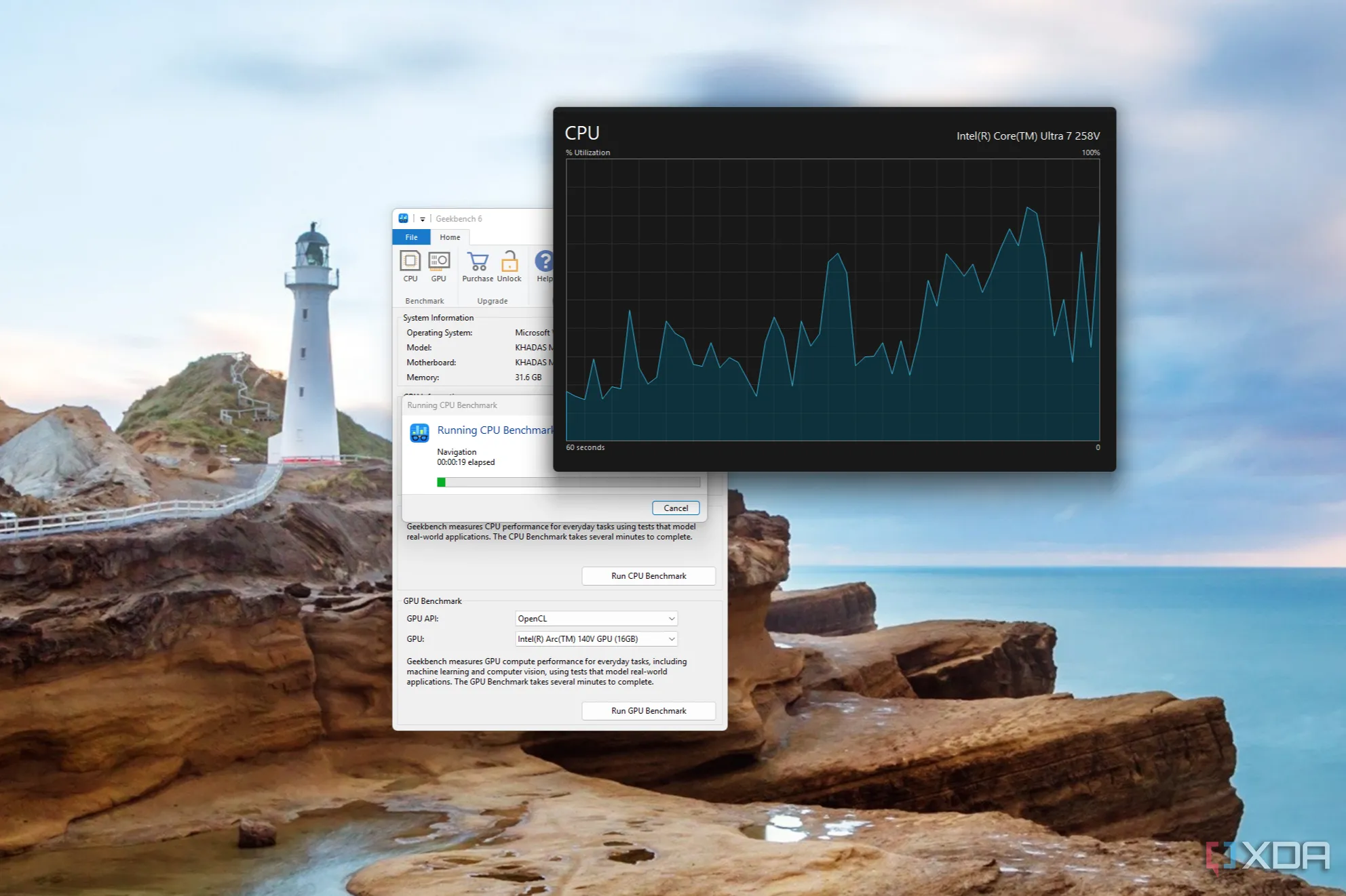 Đồ thị sử dụng CPU của Task Manager cạnh cửa sổ Geekbench trong khi đang chạy thử nghiệm hiệu suất.
