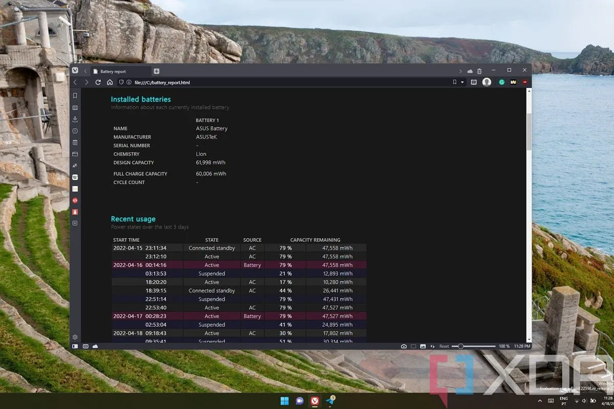 Giao diện báo cáo tình trạng pin chi tiết được tạo bởi PowerShell trên Windows 11
