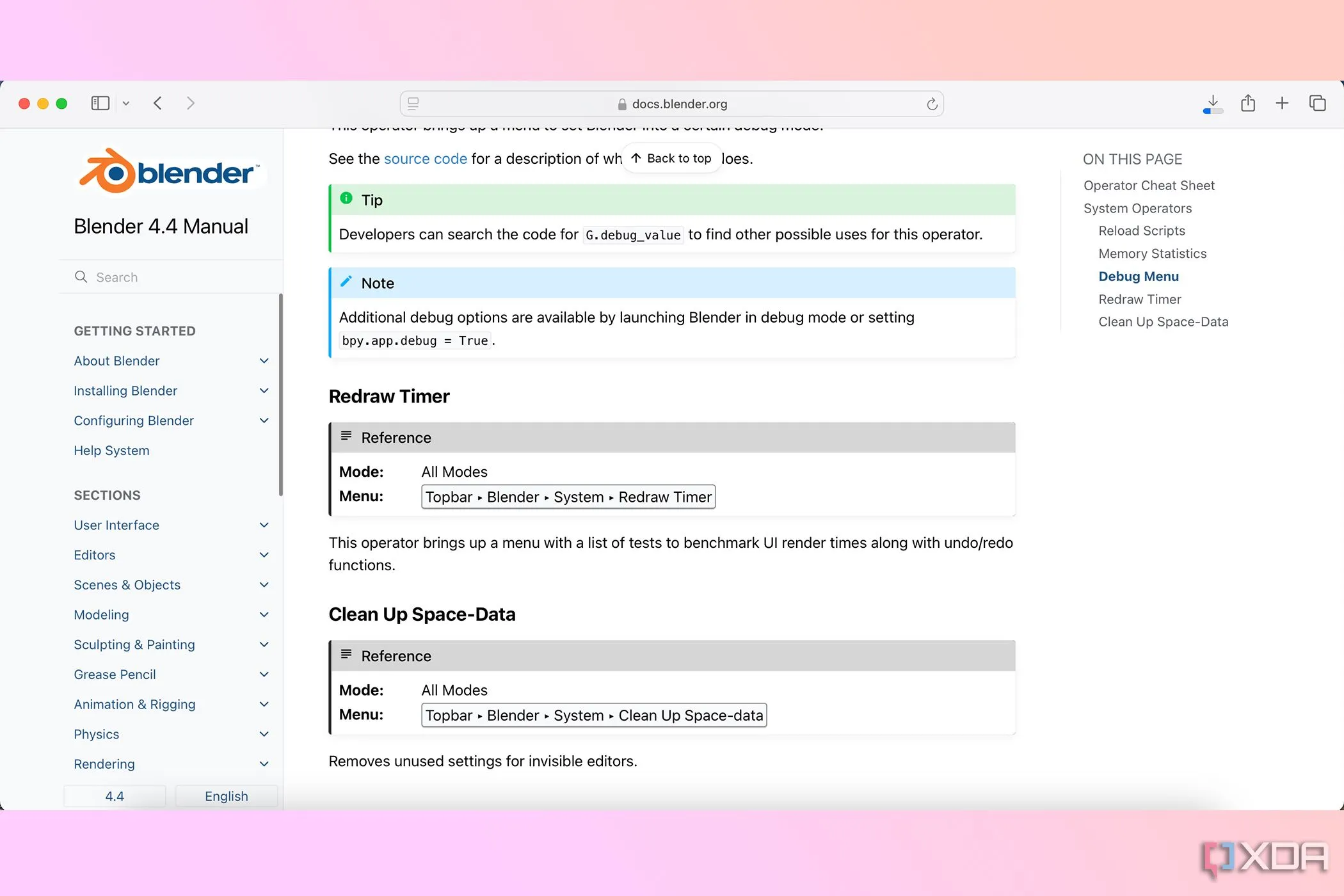 Giao diện Blender hiển thị một trang cheat sheet Python, cho thấy khả năng lập trình