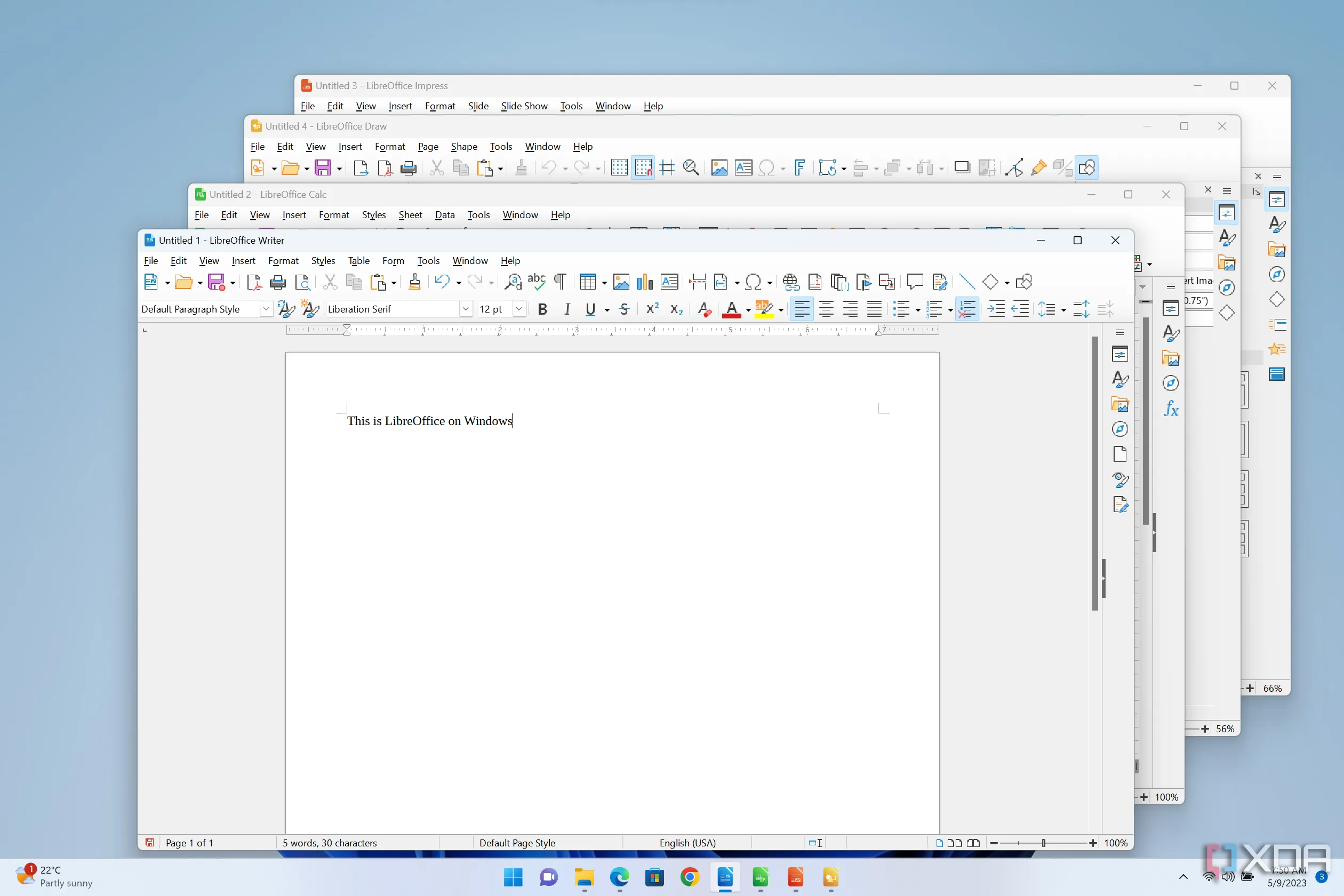 Giao diện các ứng dụng LibreOffice như Writer (xử lý văn bản), Calc (bảng tính), Impress (trình chiếu) và Draw (vẽ) trên Windows 11, minh họa bộ công cụ văn phòng toàn diện.