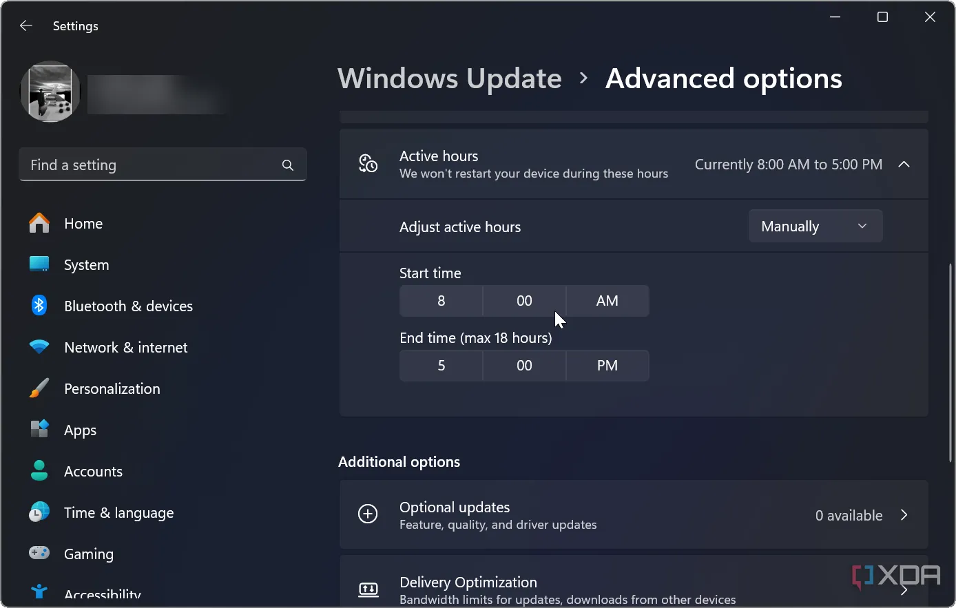 Giao diện cài đặt Giờ hoạt động (Active Hours) trên Windows 11, cho phép người dùng thiết lập thời gian không bị gián đoạn bởi cập nhật.