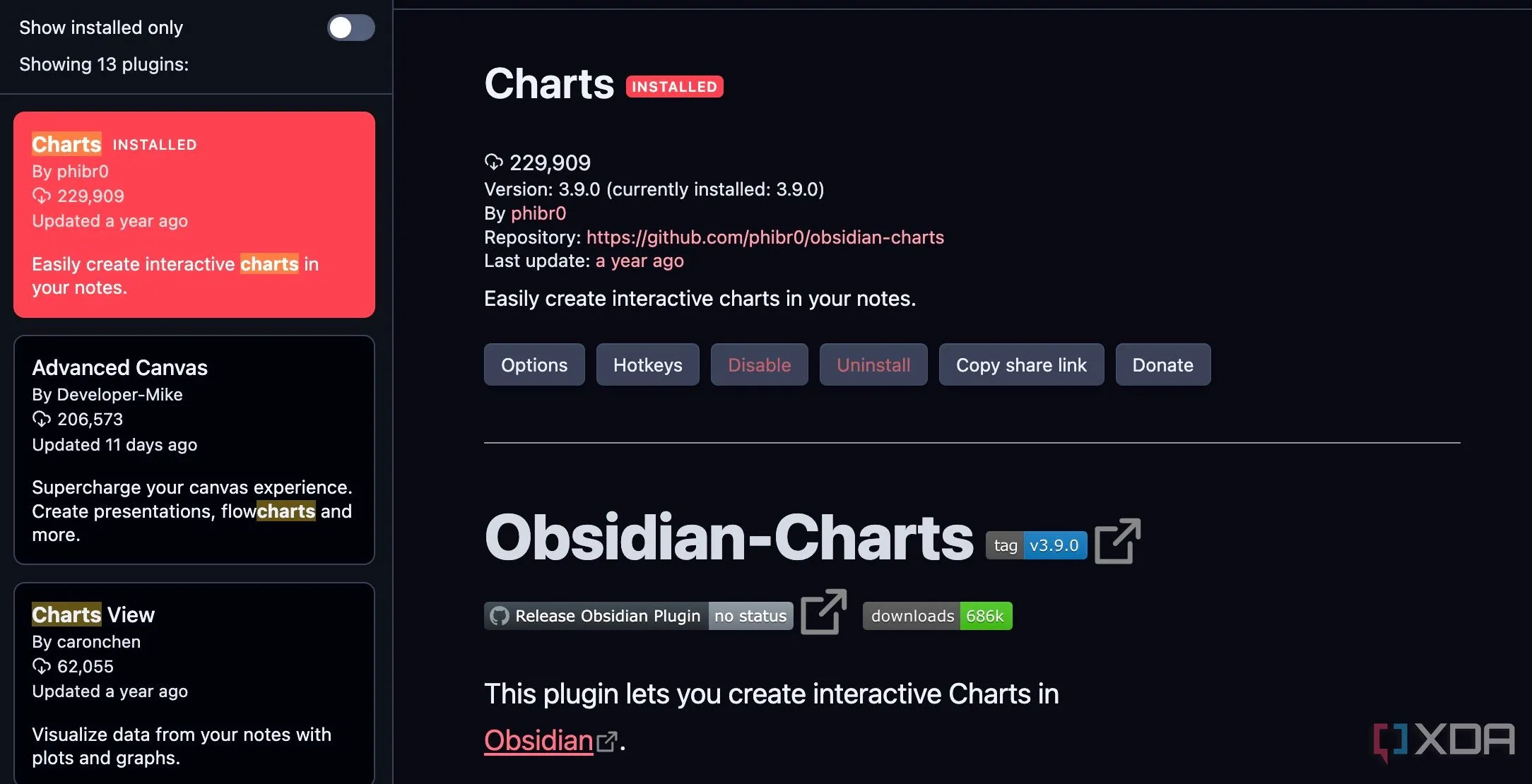Giao diện cài đặt plugin Charts trong Obsidian, hiển thị cách bật và tìm kiếm plugin