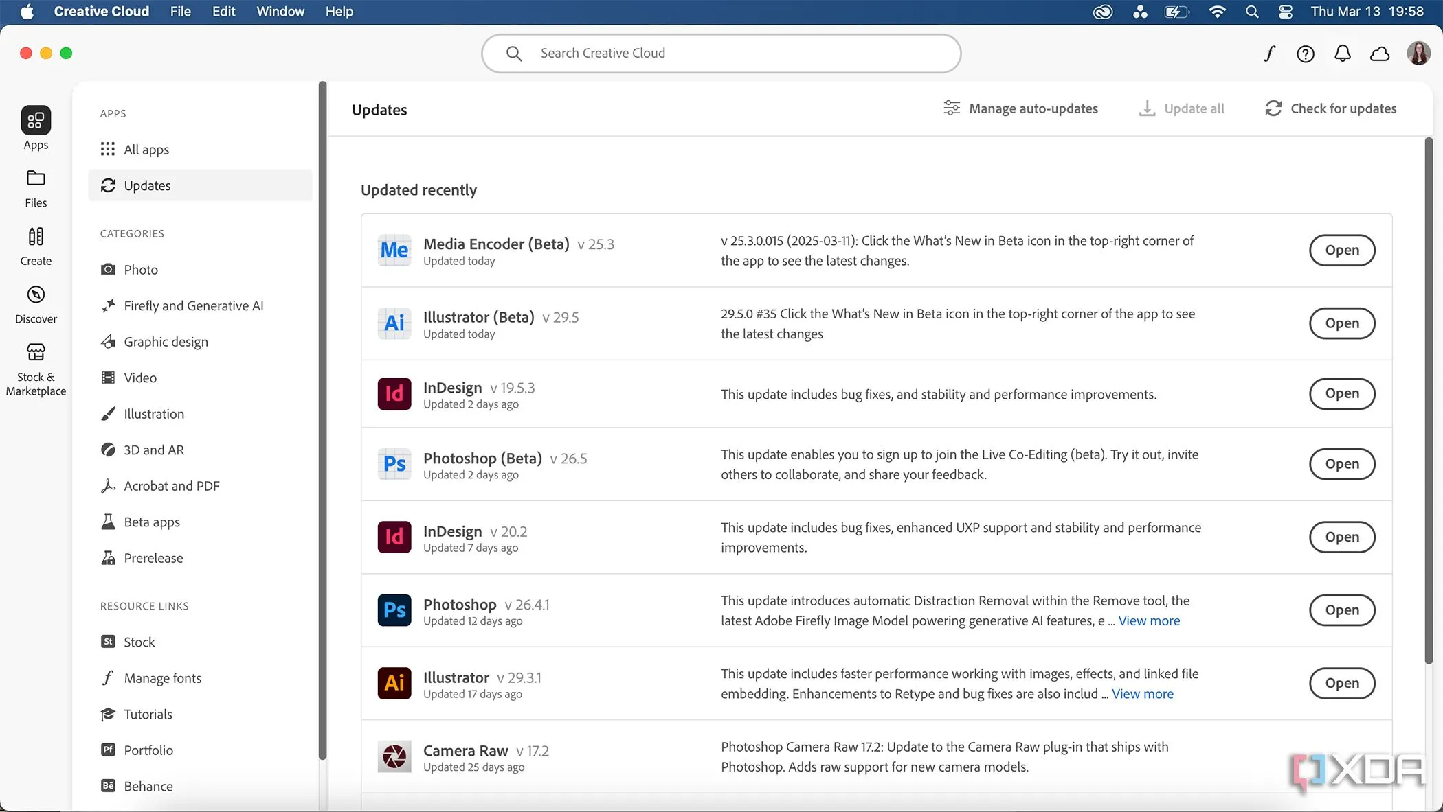 Giao diện cập nhật của Adobe Creative Cloud hiển thị các thông báo và tính năng mới