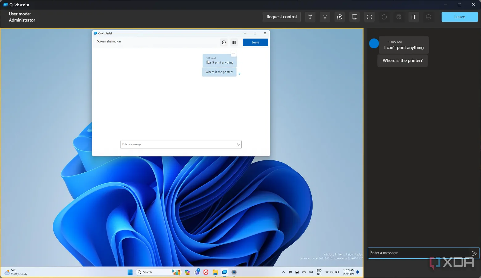 Giao diện chat của Quick Assist trong Windows 11, hiển thị hộp thoại hỗ trợ từ xa