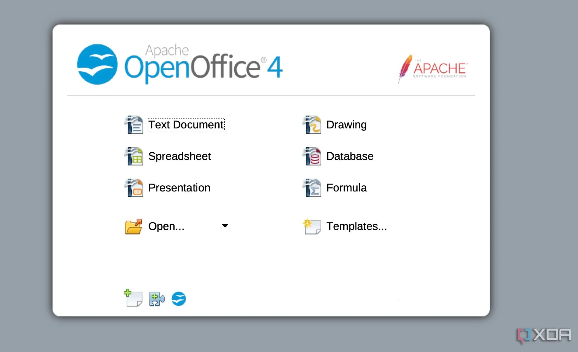 Giao diện chính của Apache OpenOffice, hiển thị các lựa chọn tạo tài liệu như văn bản, bảng tính, trình chiếu, minh họa sự quen thuộc với người dùng.