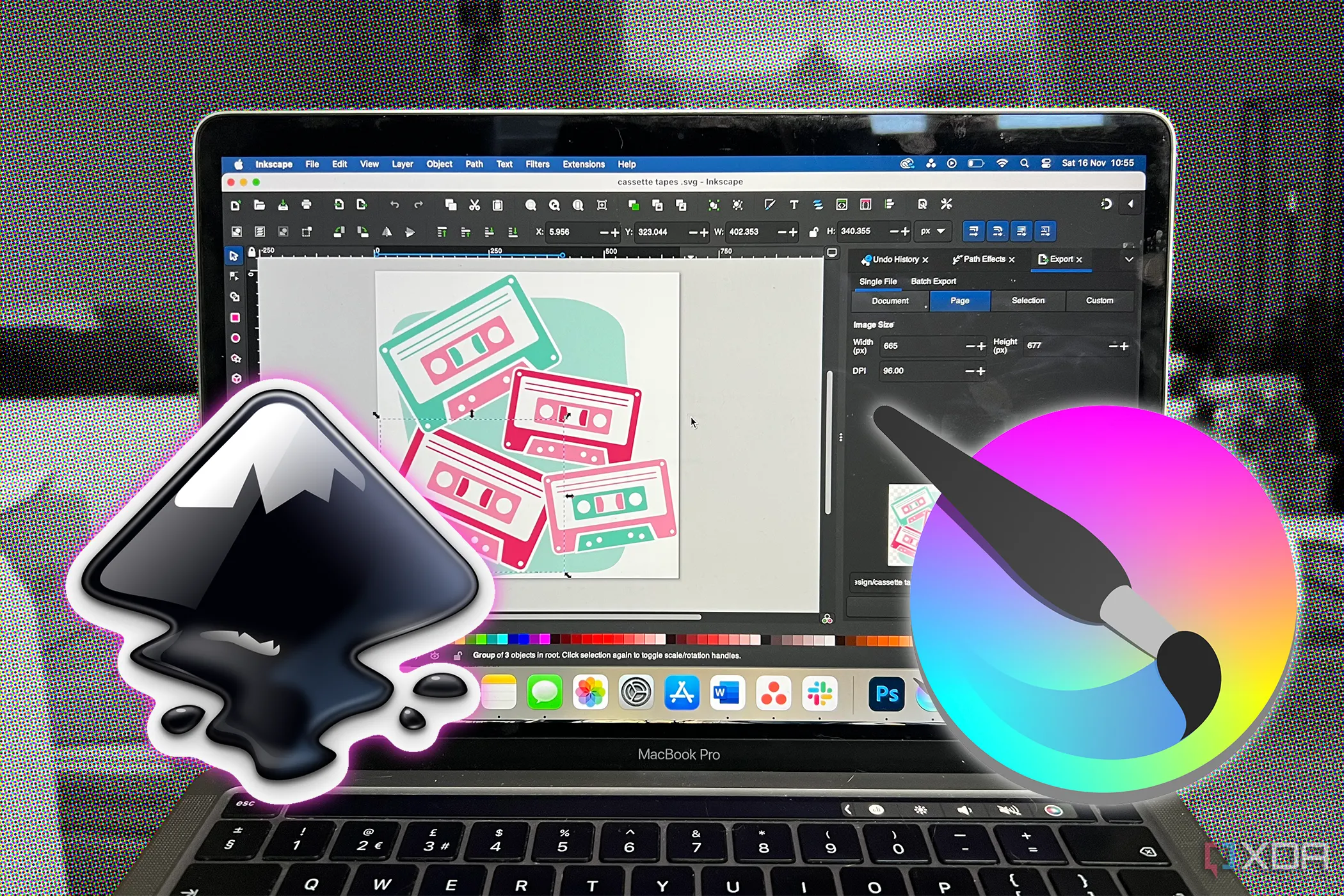 Giao diện Inkscape trên MacBook cùng biểu tượng Krita, minh họa sự kết hợp hiệu quả giữa hai công cụ đồ họa mã nguồn mở.