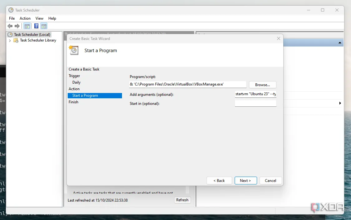 Giao diện lập lịch tác vụ Task Scheduler trên Windows, hiển thị danh sách các tác vụ đã lên lịch