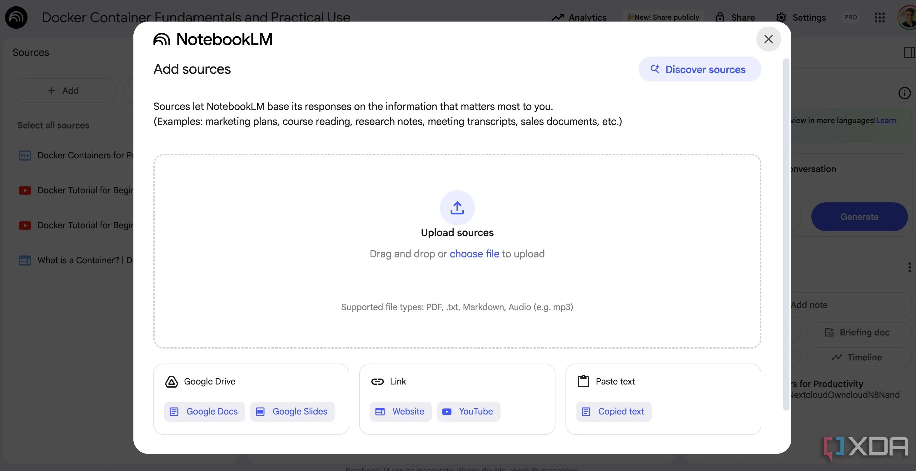 Giao diện NotebookLM hiển thị các nguồn tài liệu đã nhập, bao gồm Google Docs và tệp Markdown từ Google Drive.