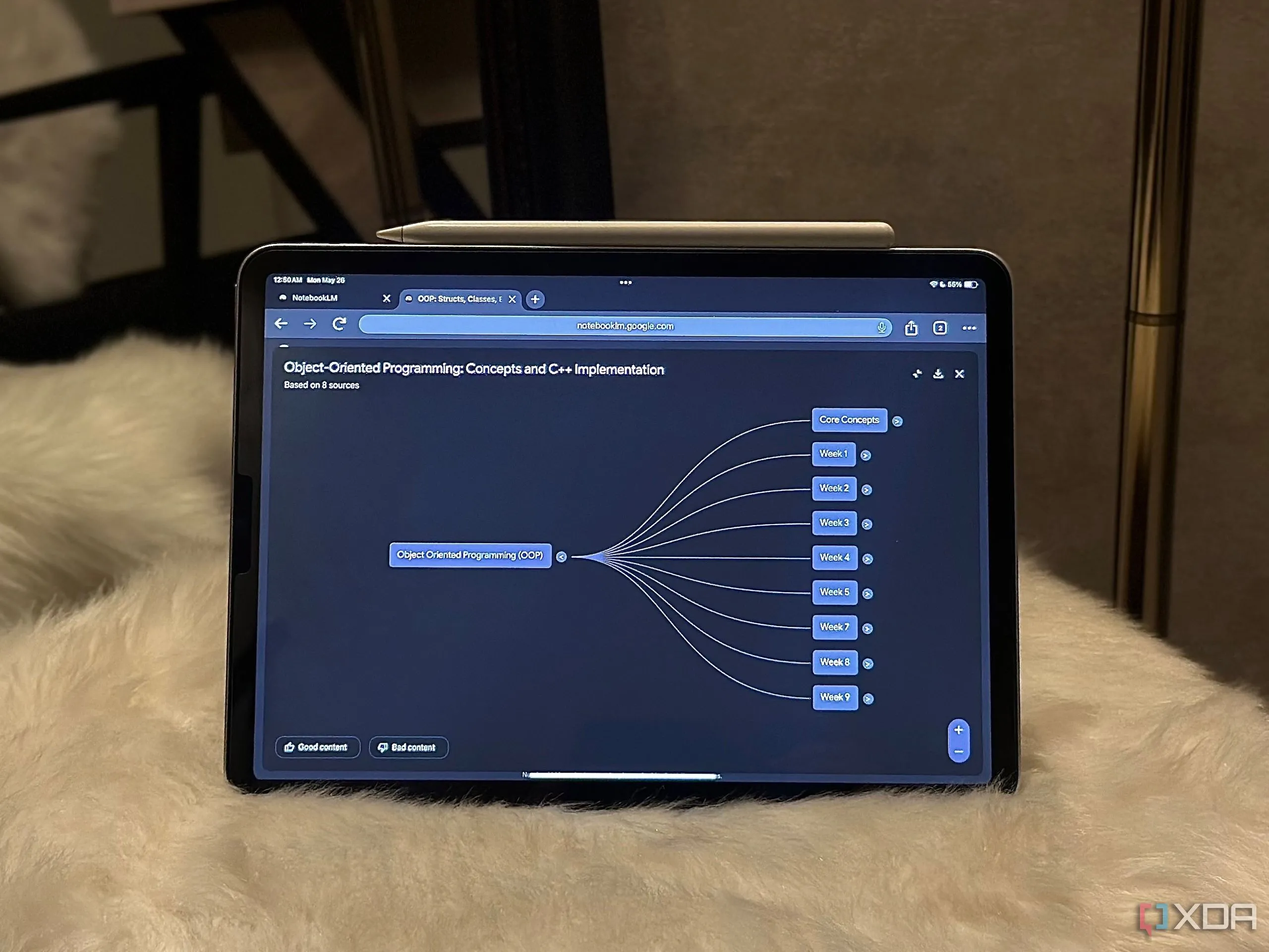Giao diện NotebookLM trên iPad hiển thị sơ đồ tư duy, thể hiện vai trò của ứng dụng như một 'bộ não thứ hai' cá nhân.