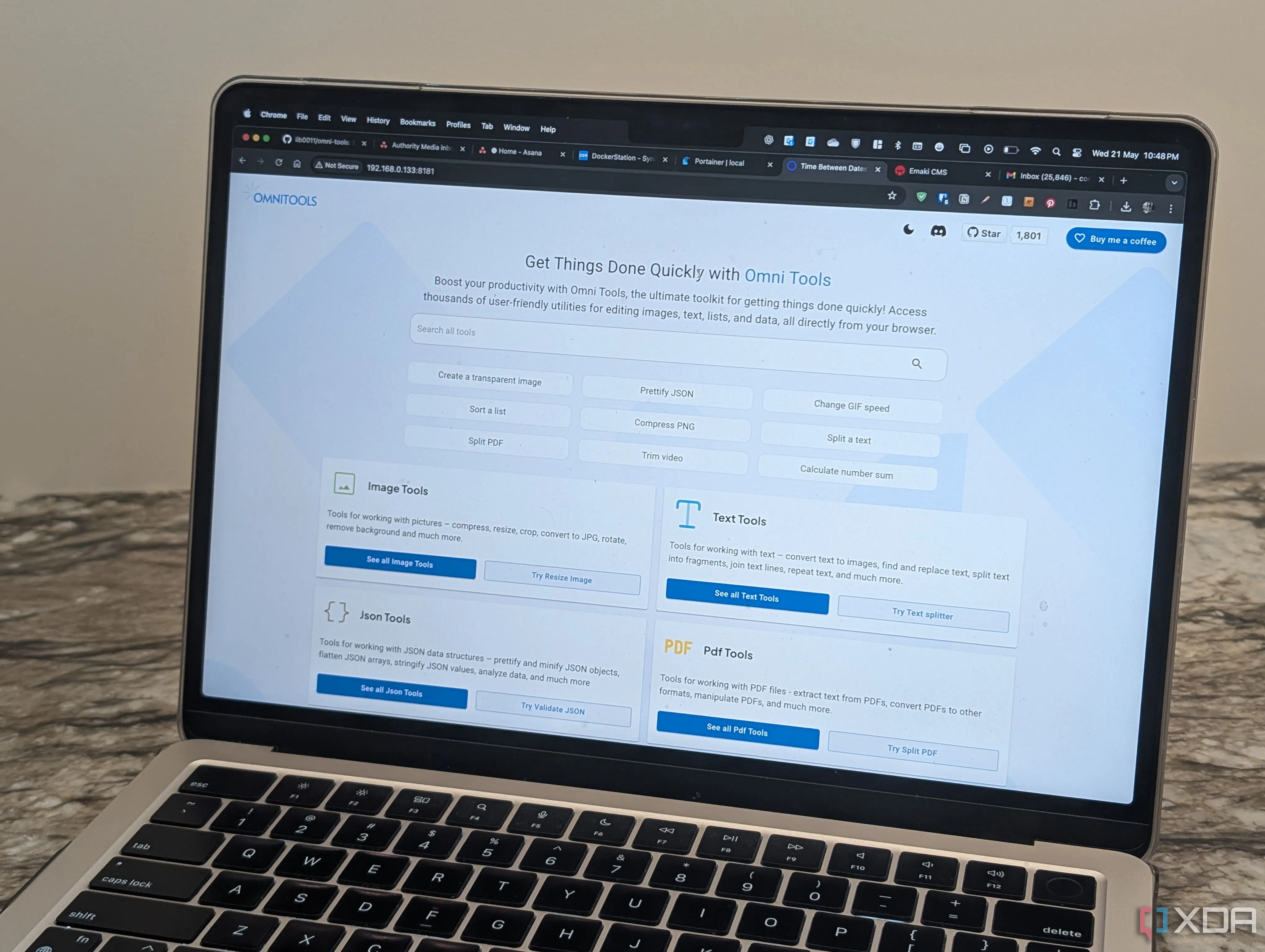 Giao diện Omni Tools trên máy tính, hiển thị các công cụ tiện ích đa năng như xóa nền ảnh và tách PDF