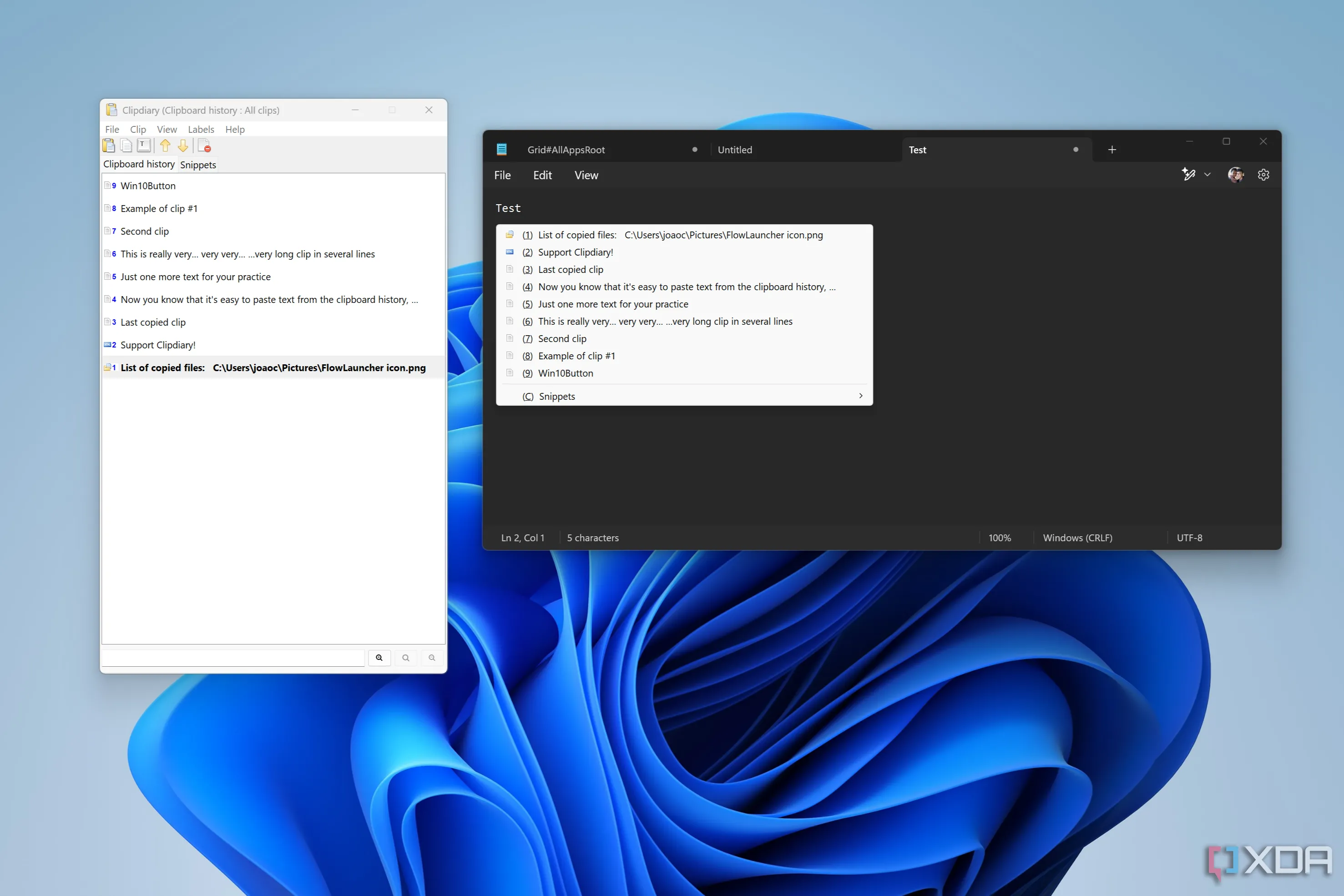 Giao diện phần mềm Clipdiary đang hoạt động cùng Notepad hiển thị menu dán các đoạn văn bản đã lưu