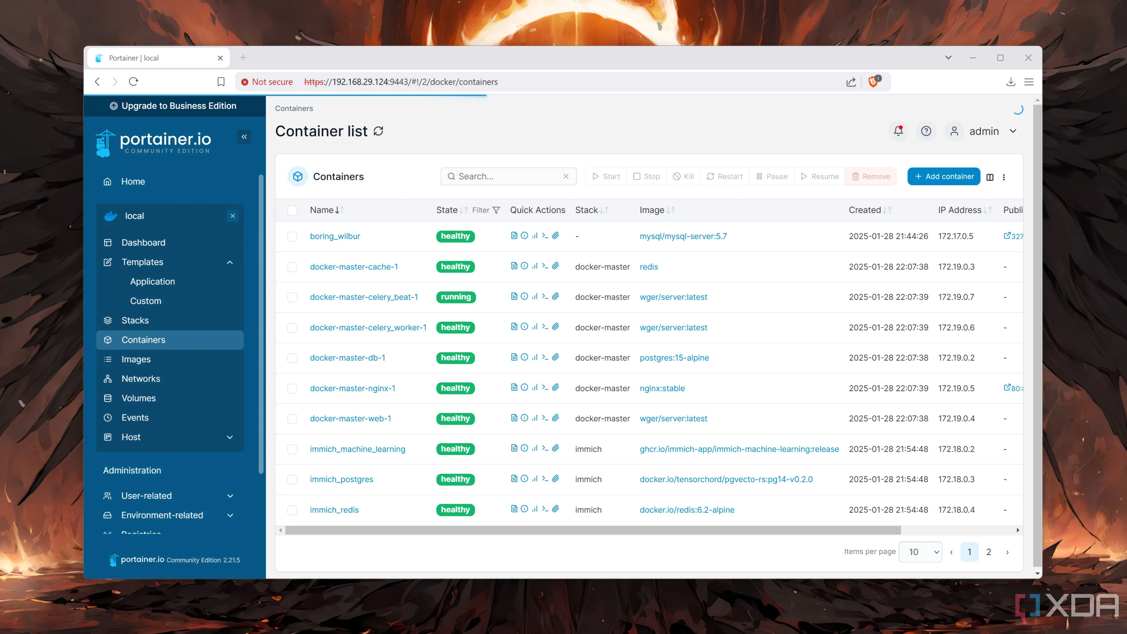 Giao diện quản lý nhiều container Docker trên Portainer