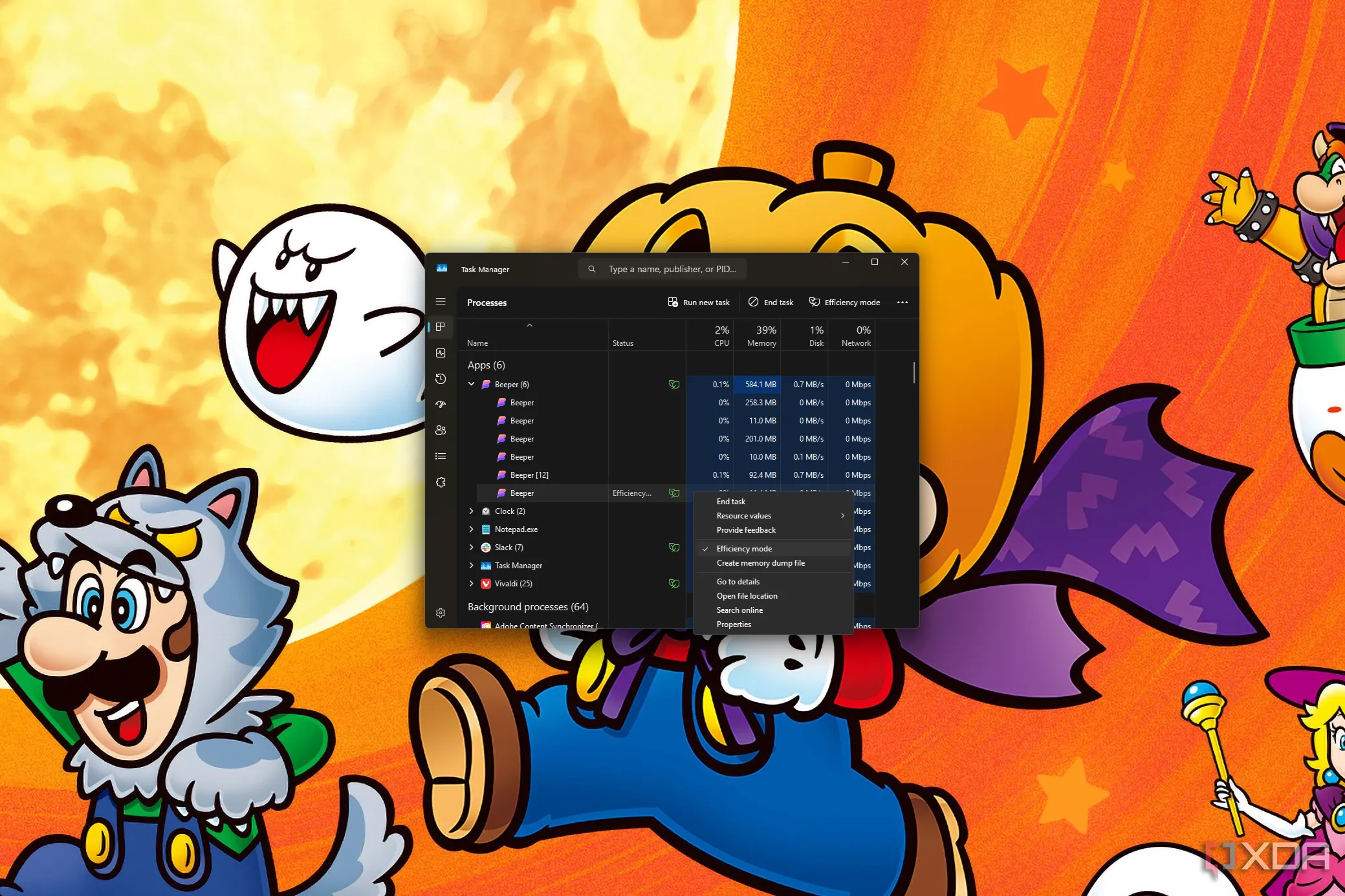 Giao diện quản lý tác vụ Task Manager trên Windows 11 hiển thị các ứng dụng đang chạy ở chế độ hiệu quả.