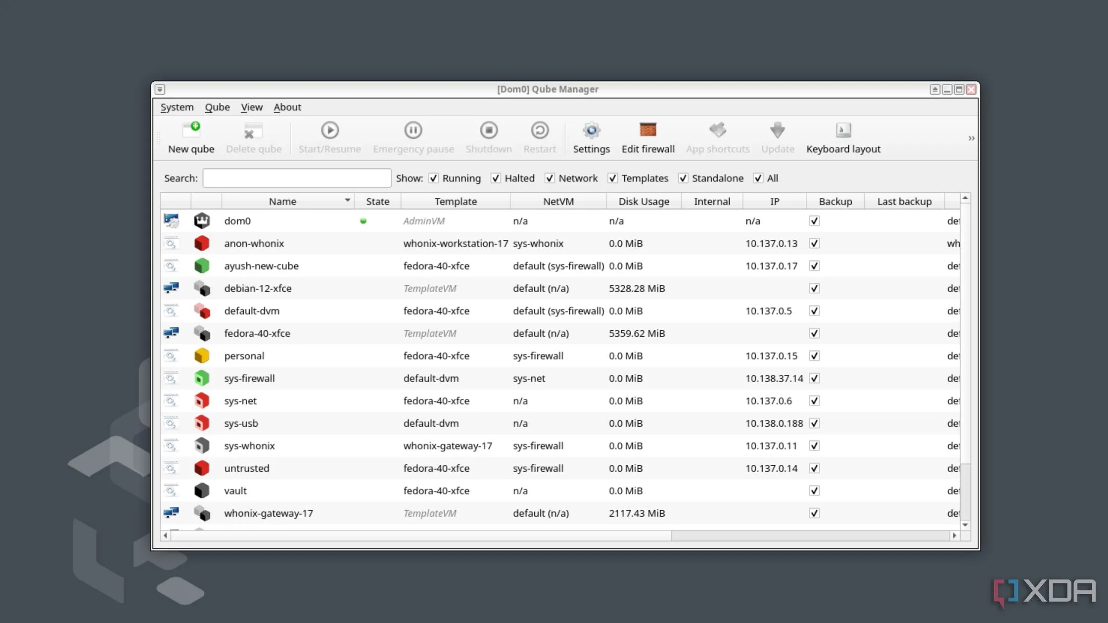 Giao diện Qube Manager trong Qubes OS hiển thị danh sách và trạng thái các qube đang hoạt động