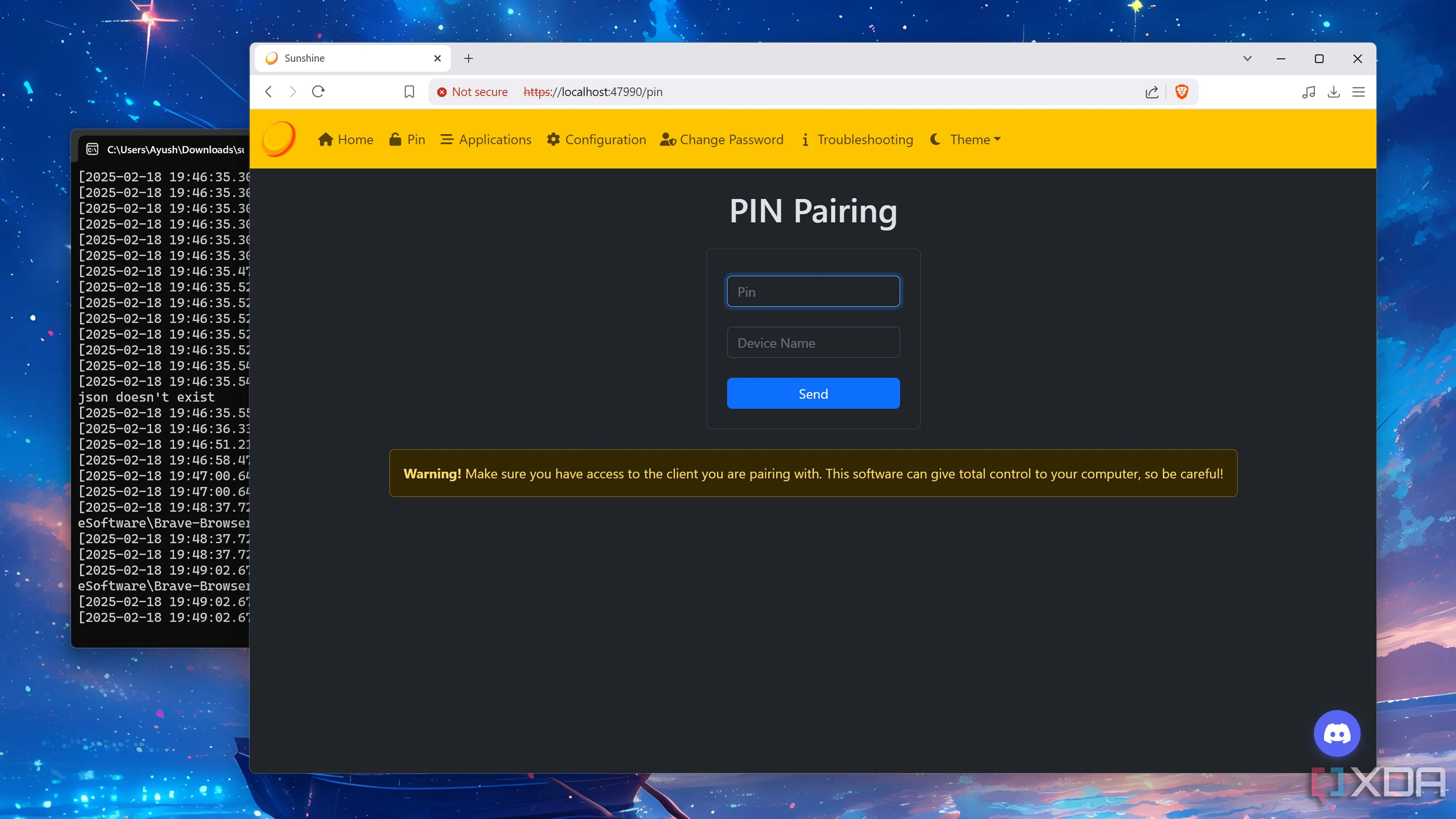 Giao diện tab Ghép nối PIN (PIN Pairing) trong ứng dụng Sunshine, cho thấy cơ chế xác thực không cần tài khoản