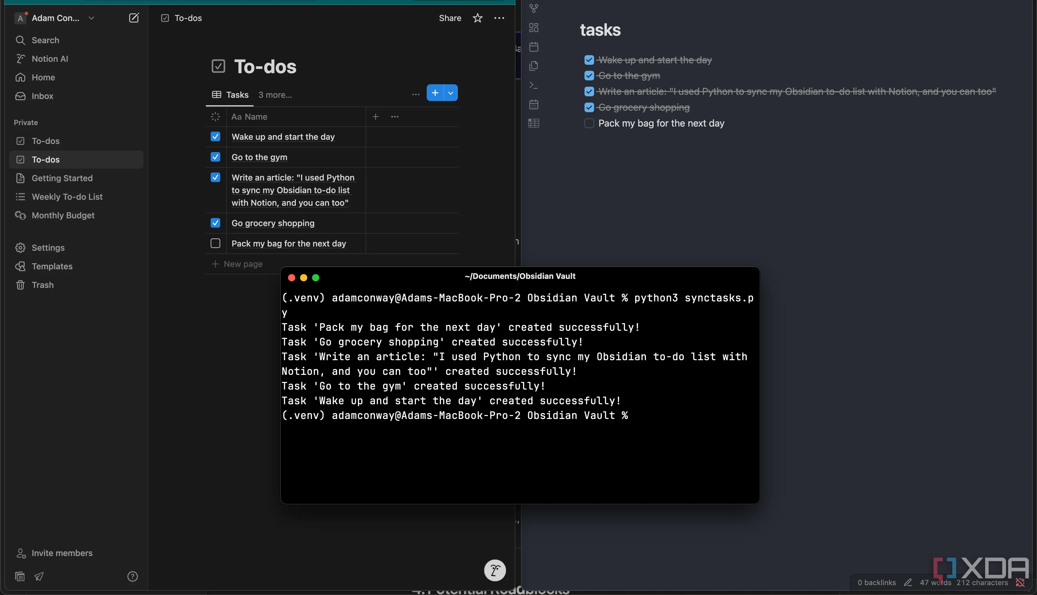 Giao diện terminal hiển thị quá trình chạy script Python để đồng bộ dữ liệu giữa Obsidian và Notion