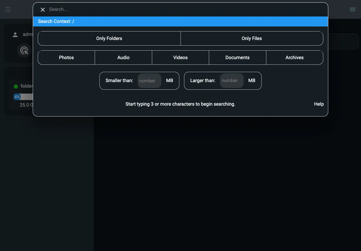 Giao diện tìm kiếm tệp nhanh chóng và nâng cao của FileBrowser Quantum trên trình duyệt