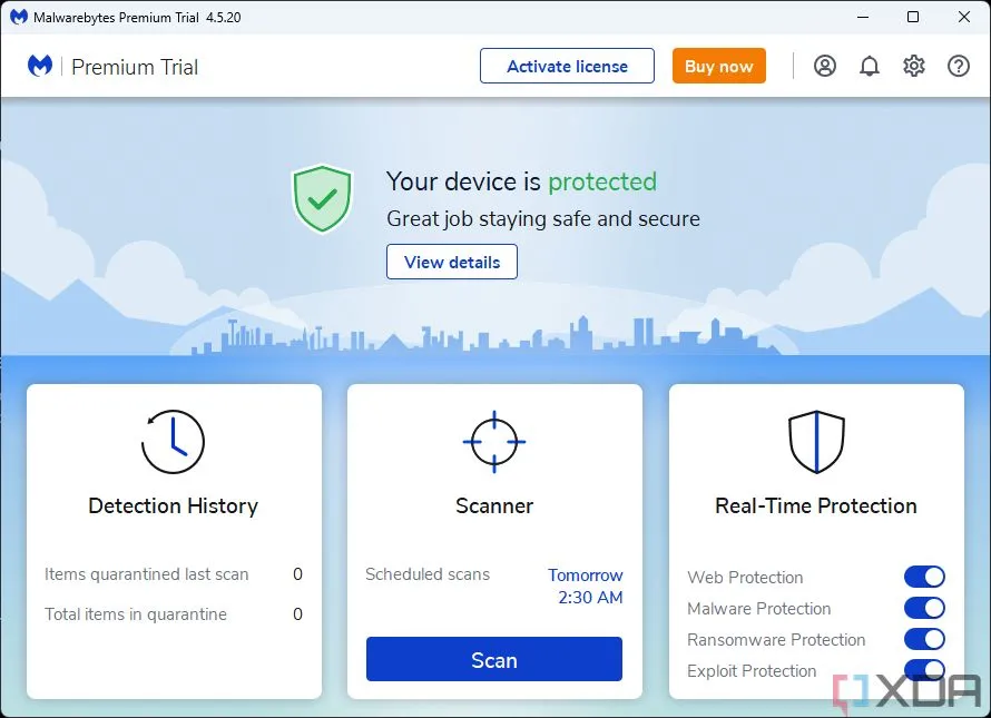 Giao diện trang chủ phần mềm diệt virus Malwarebytes, một lựa chọn thay thế Microsoft Defender.