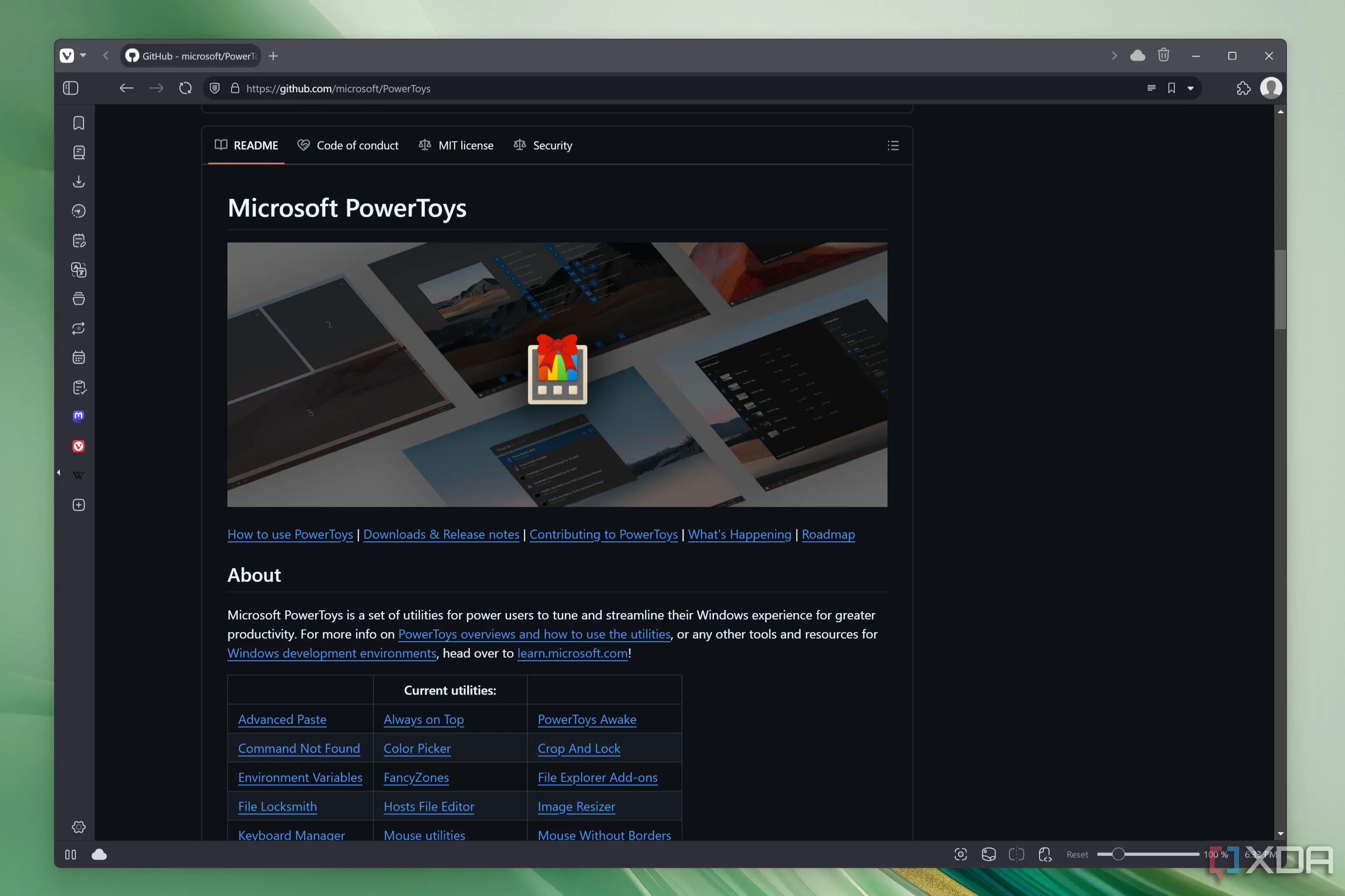 Giao diện trang PowerToys trên GitHub, thể hiện dự án mã nguồn mở của Microsoft.