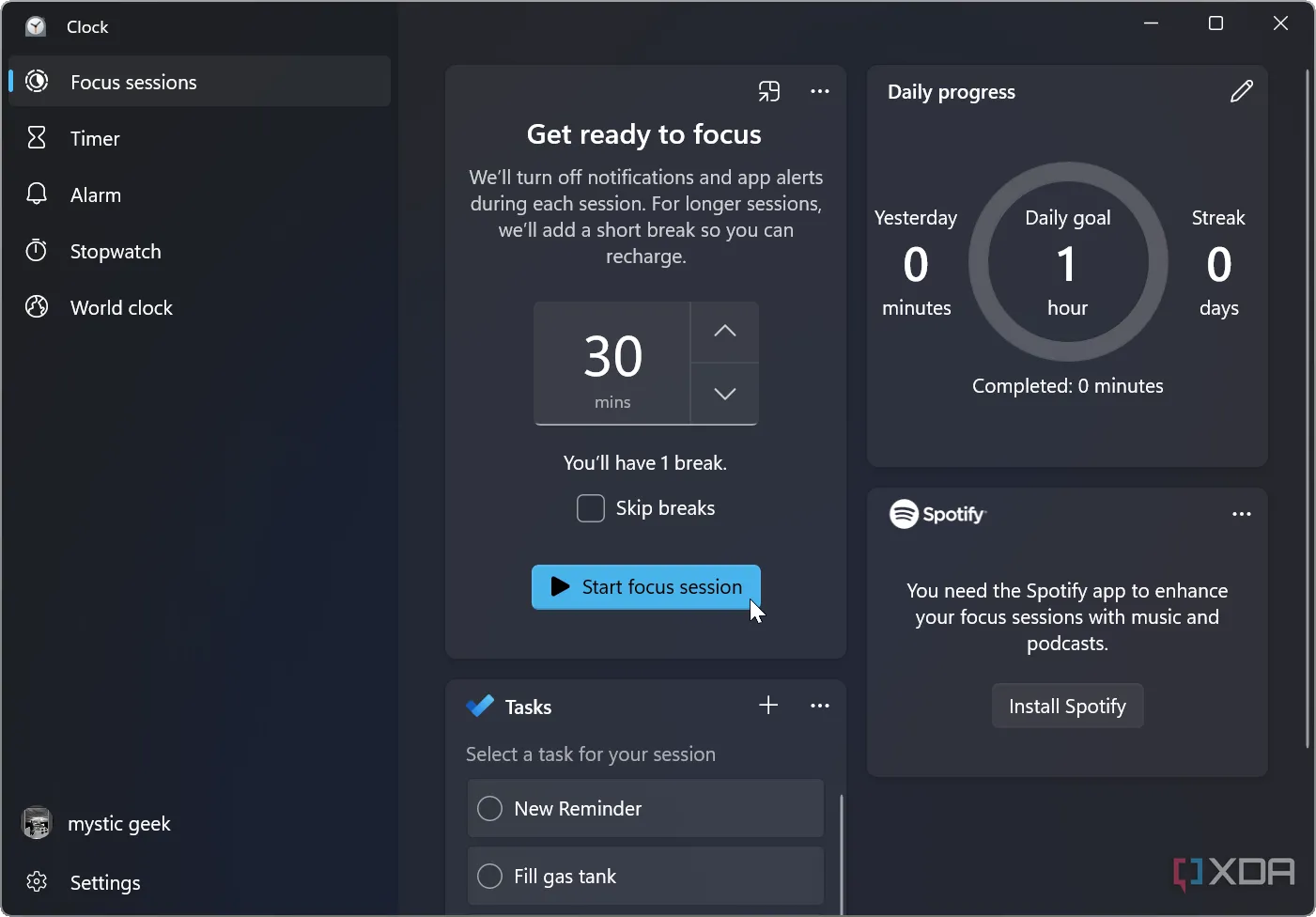 Giao diện ứng dụng Đồng hồ (Clock app) trên Windows 11 với phần Phiên làm việc Tập trung (Focus Sessions) đang được kích hoạt.