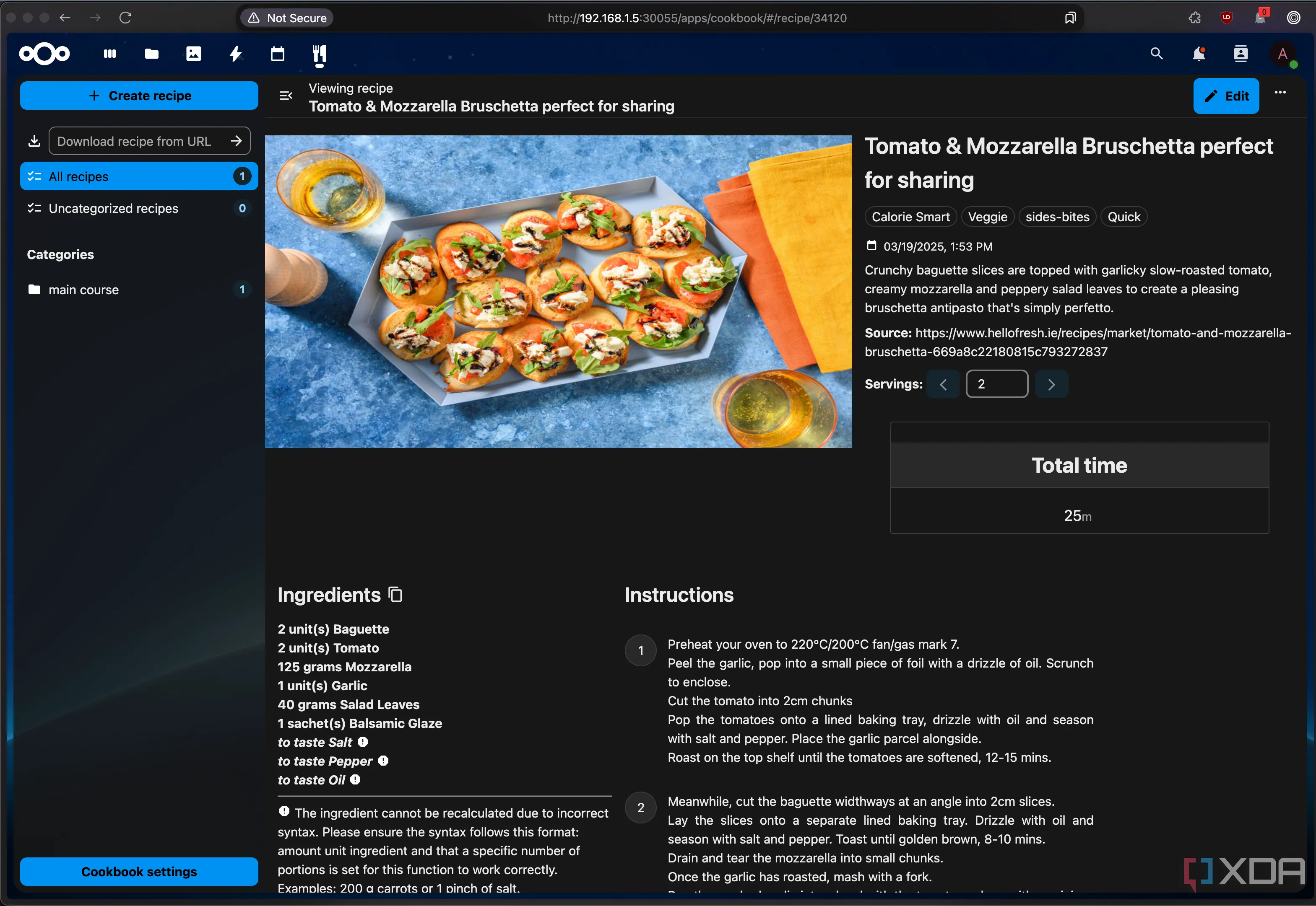 Giao diện ứng dụng Nextcloud Cookbook, thể hiện sự phong phú của hệ sinh thái Nextcloud.