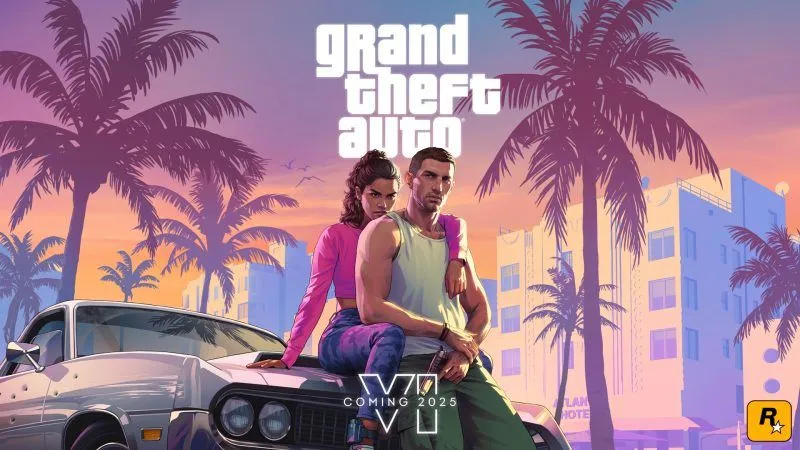 Hai nhân vật chính của Grand Theft Auto VI trên xe hơi với phong cảnh cây cọ, biểu tượng của game bom tấn có chi phí sản xuất và giá thành cao.