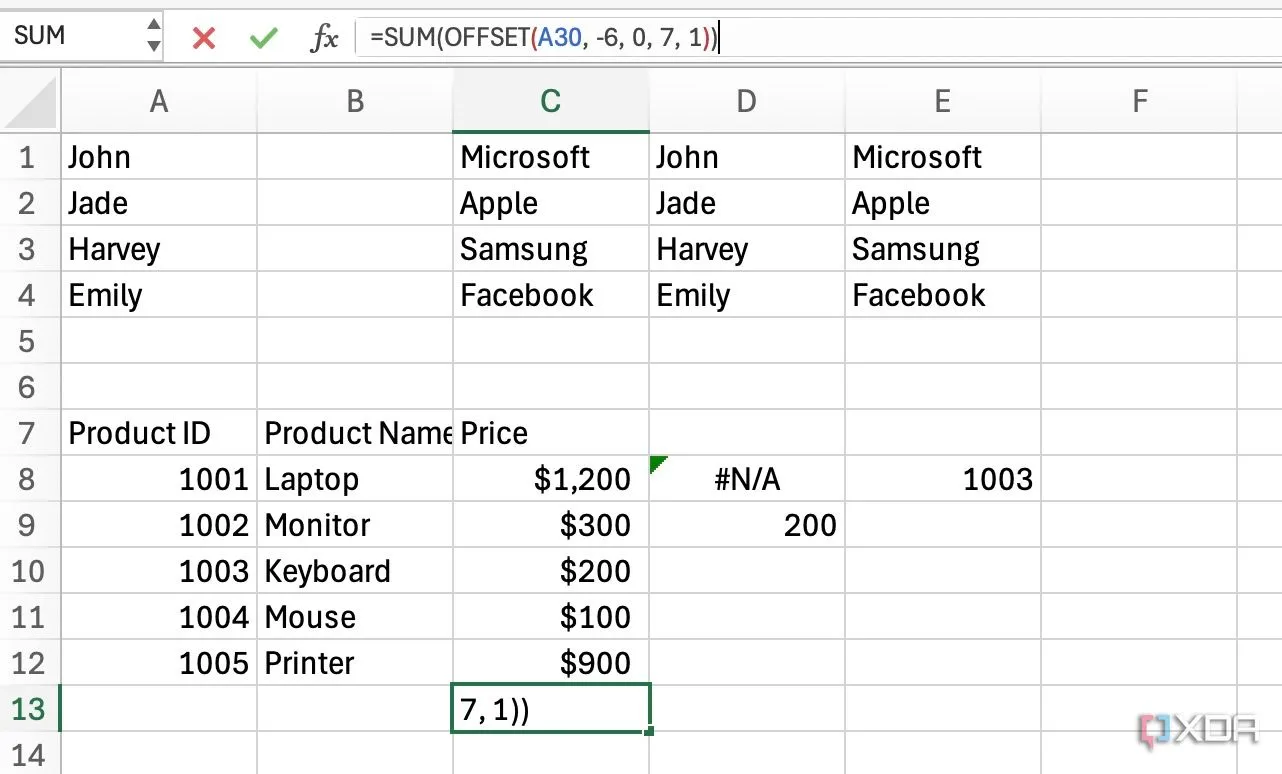 Hàm OFFSET trong Excel
