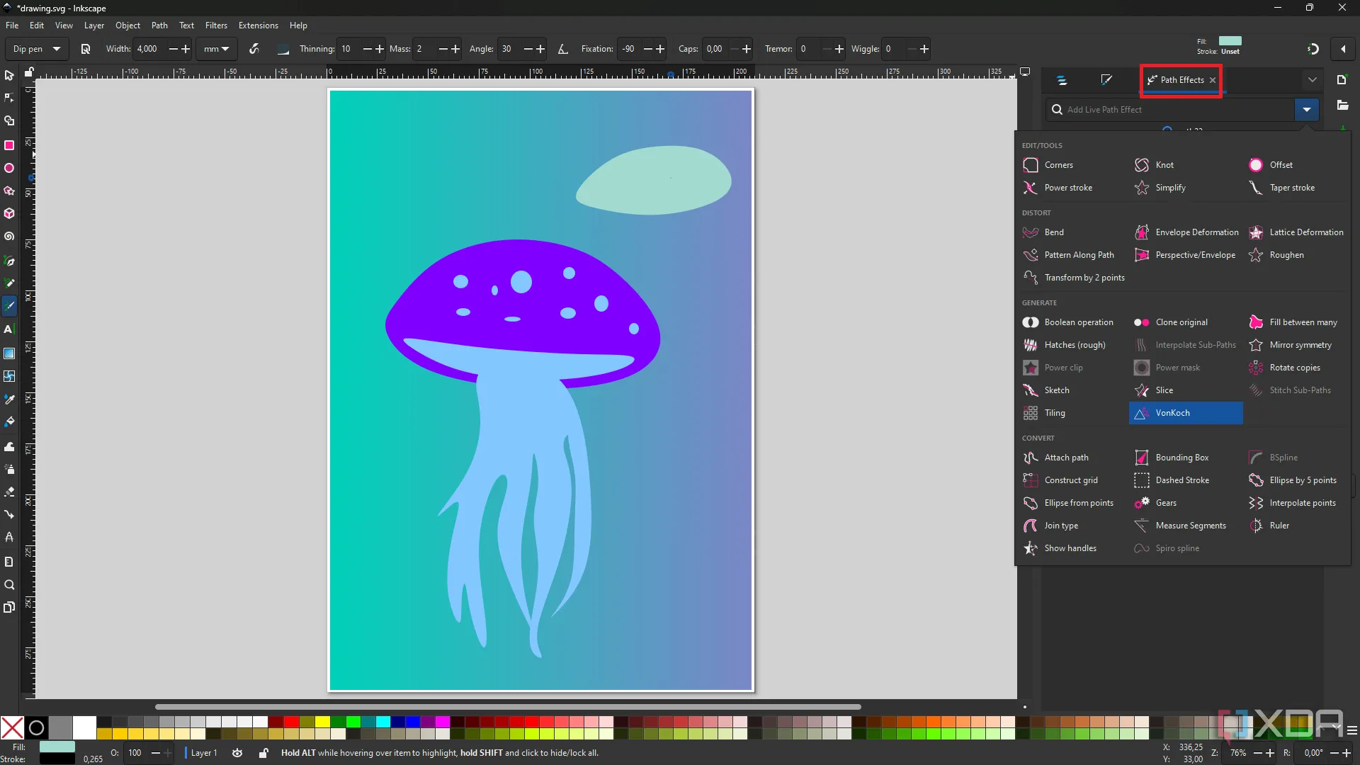 Hiệu ứng Đường dẫn Trực tiếp (LPE) của Inkscape được áp dụng cho hình minh họa sứa, cho phép chỉnh sửa không phá hủy.