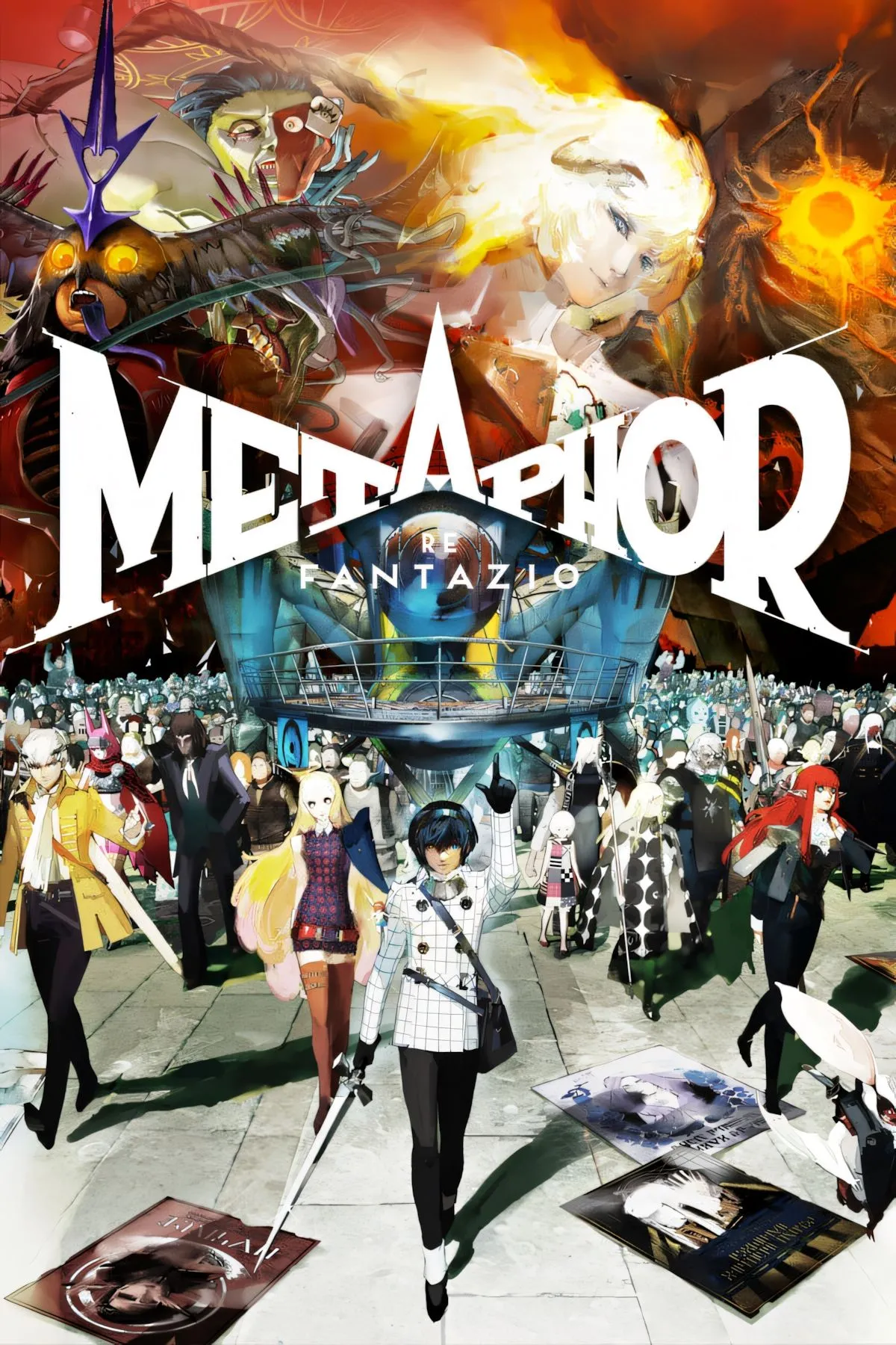 Hình ảnh bìa game Metaphor ReFantazio với các nhân vật chính trong phong cách JRPG giả tưởng