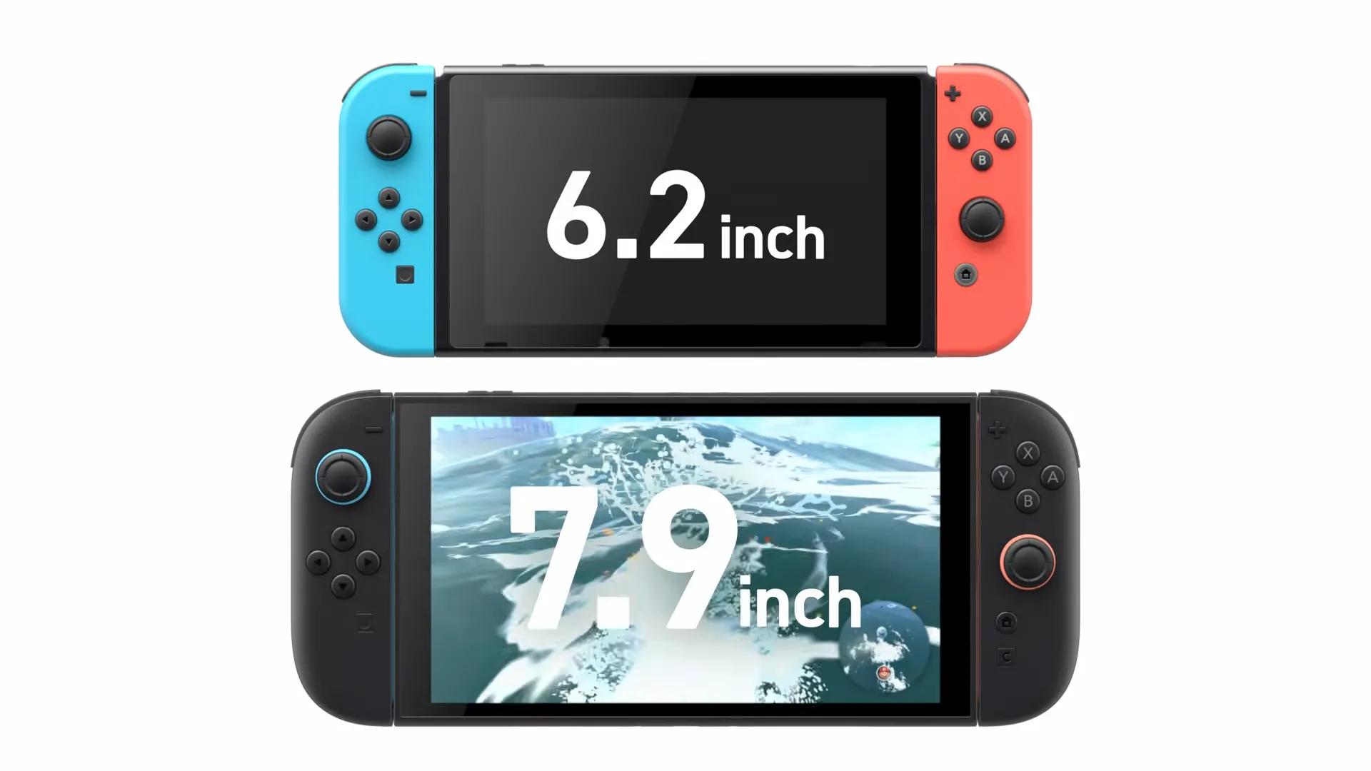 Hình ảnh so sánh kích thước màn hình giữa Nintendo Switch và Nintendo Switch 2, thể hiện sự khác biệt rõ rệt.