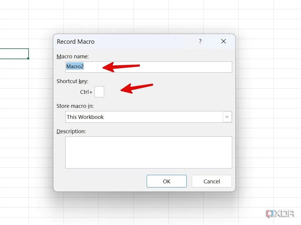 Hộp thoại đặt tên và gán phím tắt cho Macro trong Excel