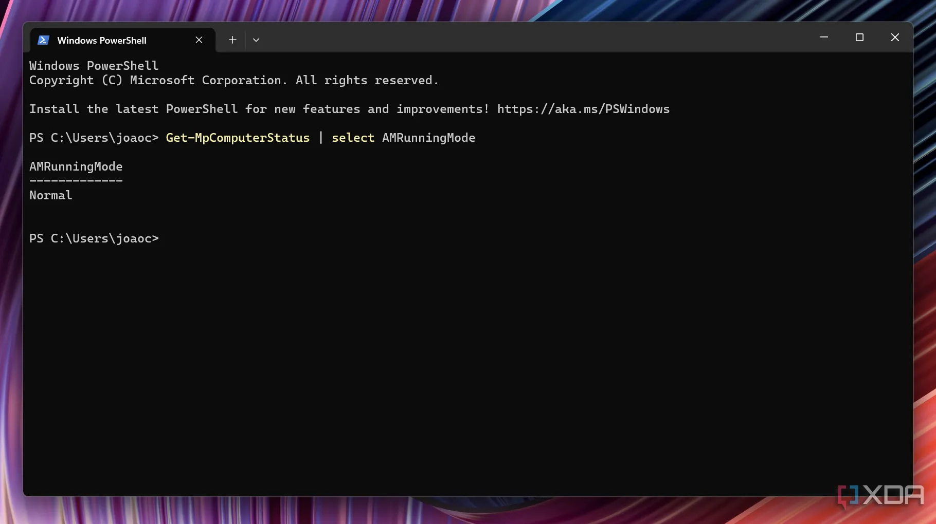 Kết quả kiểm tra trạng thái Microsoft Defender trong Windows Terminal, hiển thị AMRunningMode là &quot;Normal&quot;.