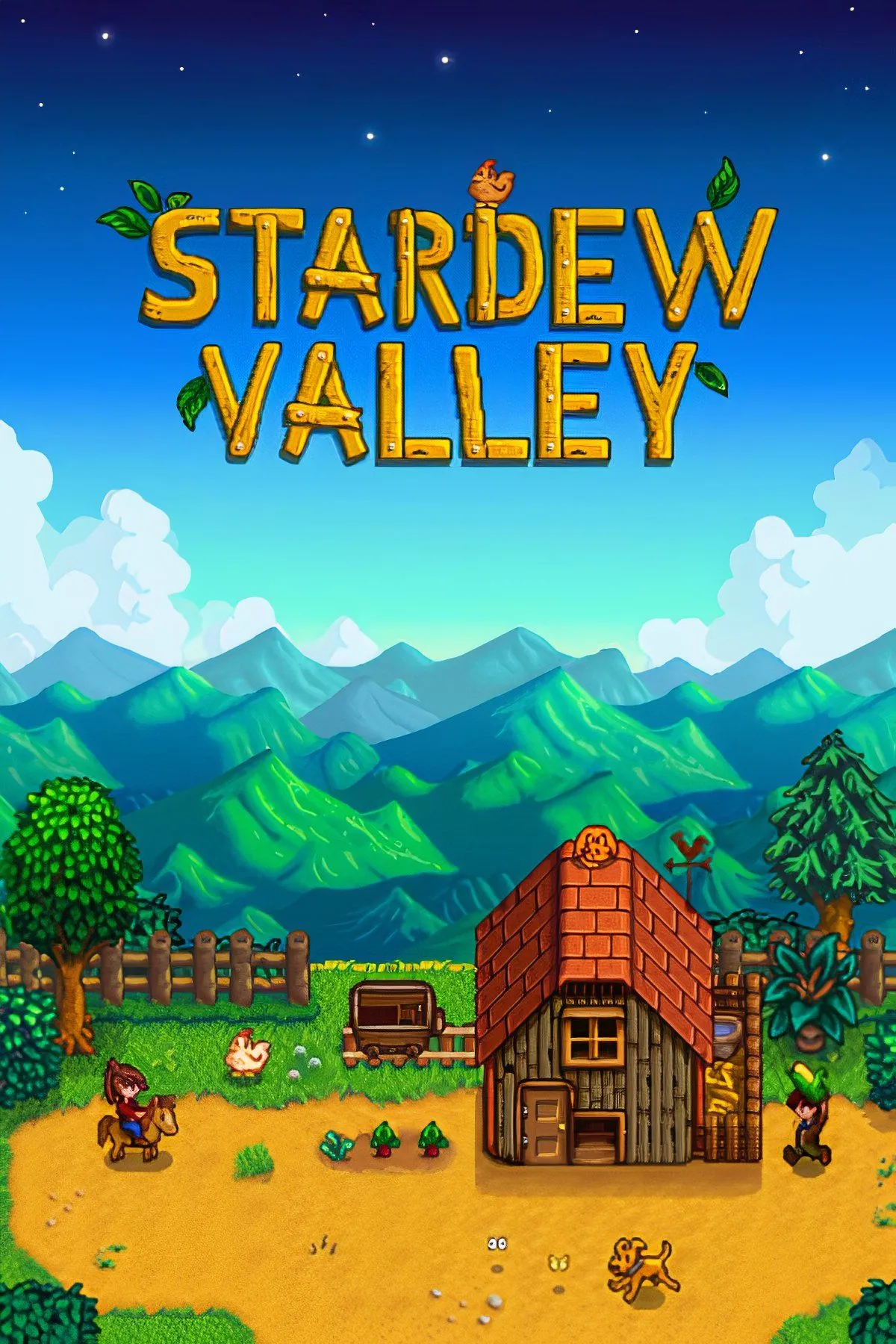 Khung cảnh nông trại với các tòa nhà và cây trồng trong game mô phỏng Stardew Valley
