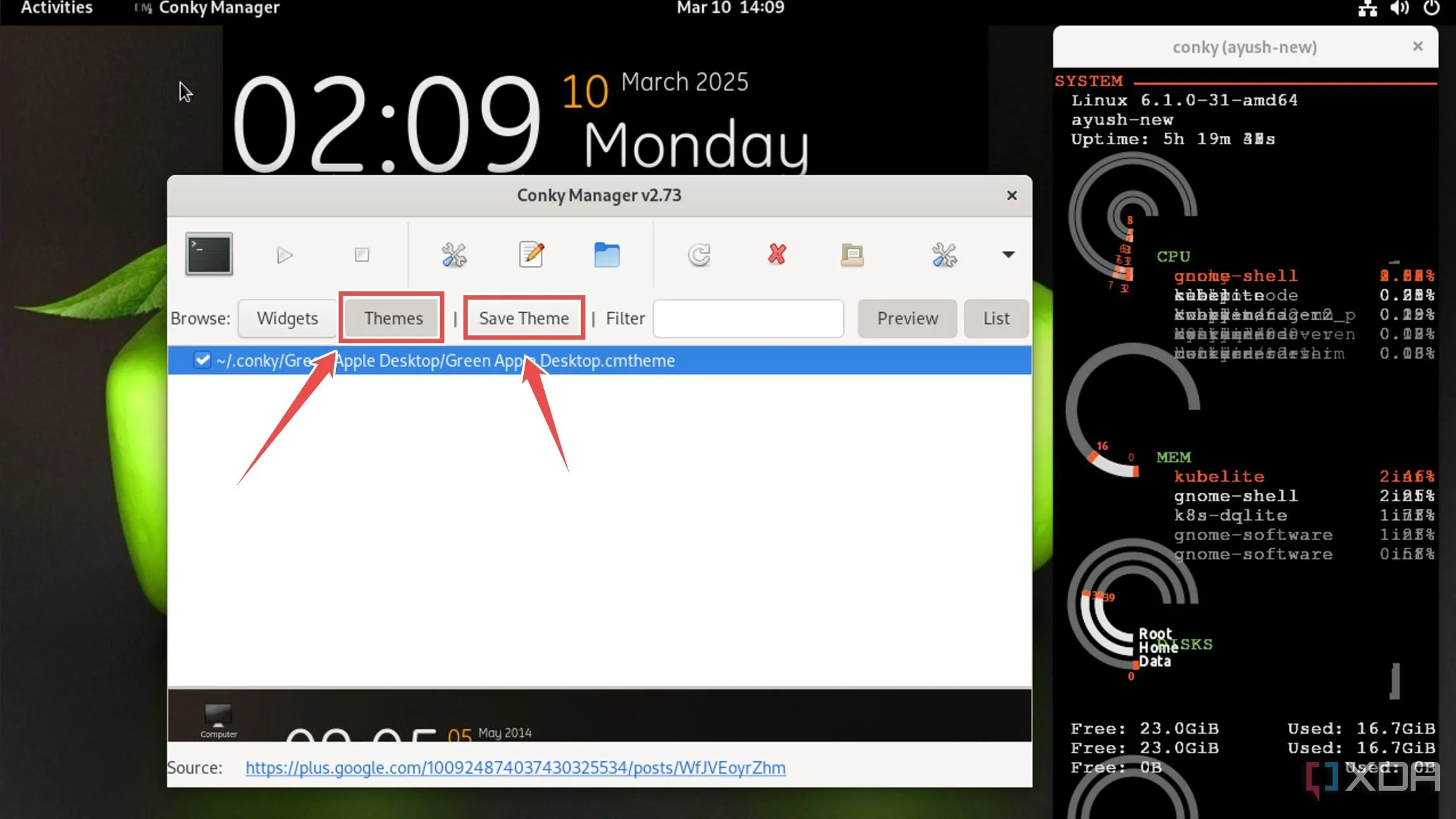 Lưu cấu hình theme tùy chỉnh trong tab Themes của Conky Manager